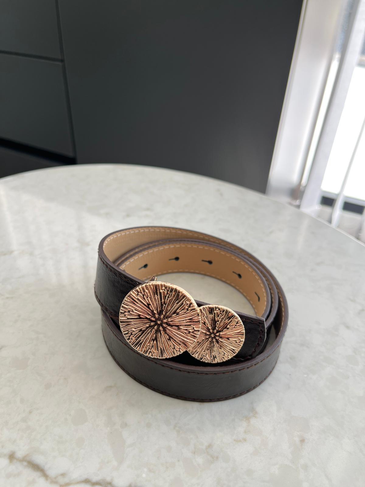 Koyu kahve Gold Desenli Çift Halka Tokalı Kemer SB35