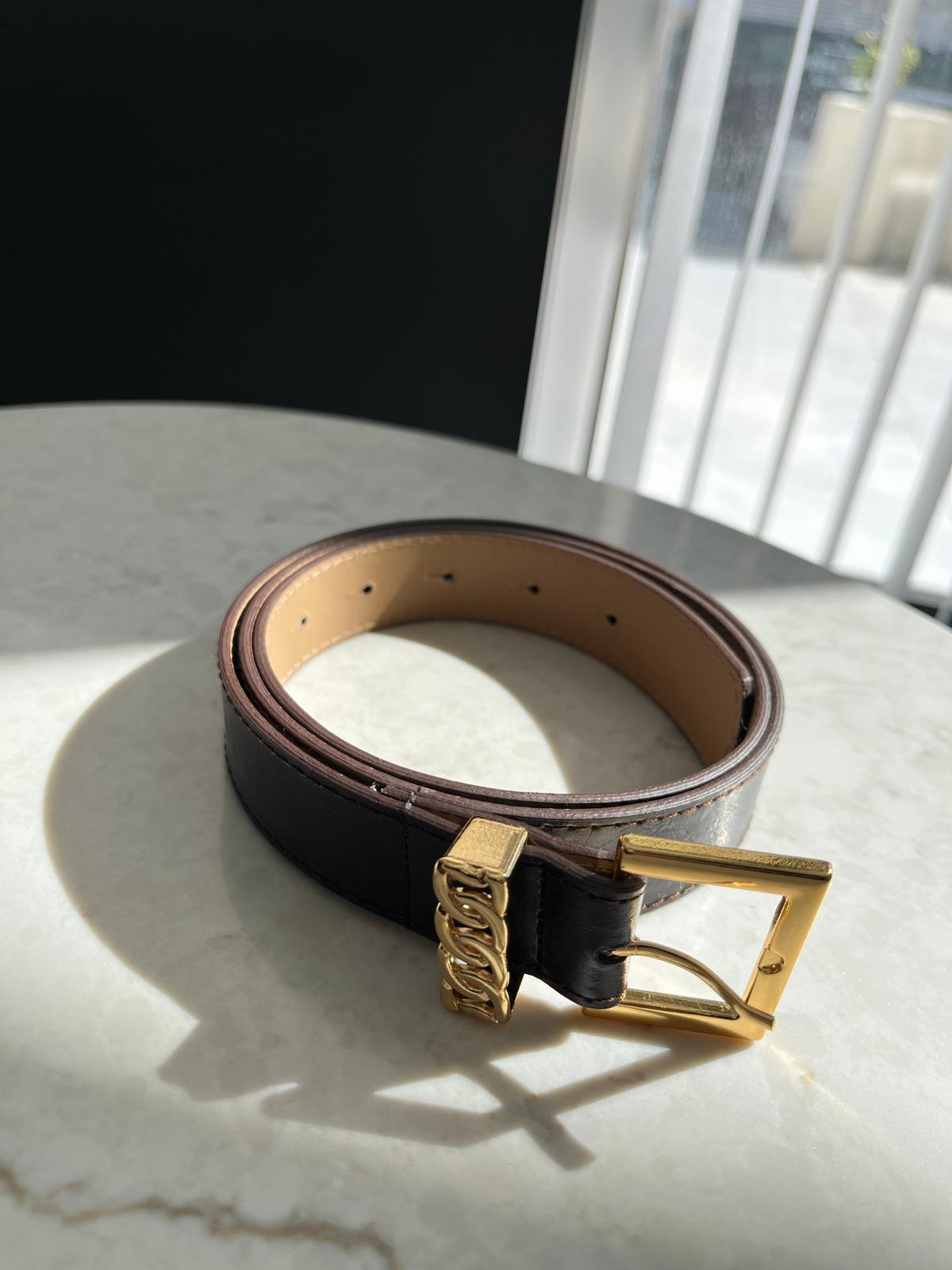 Koyu kahve Gold Örgü Detaylı Kare Tokalı Kemer SB61