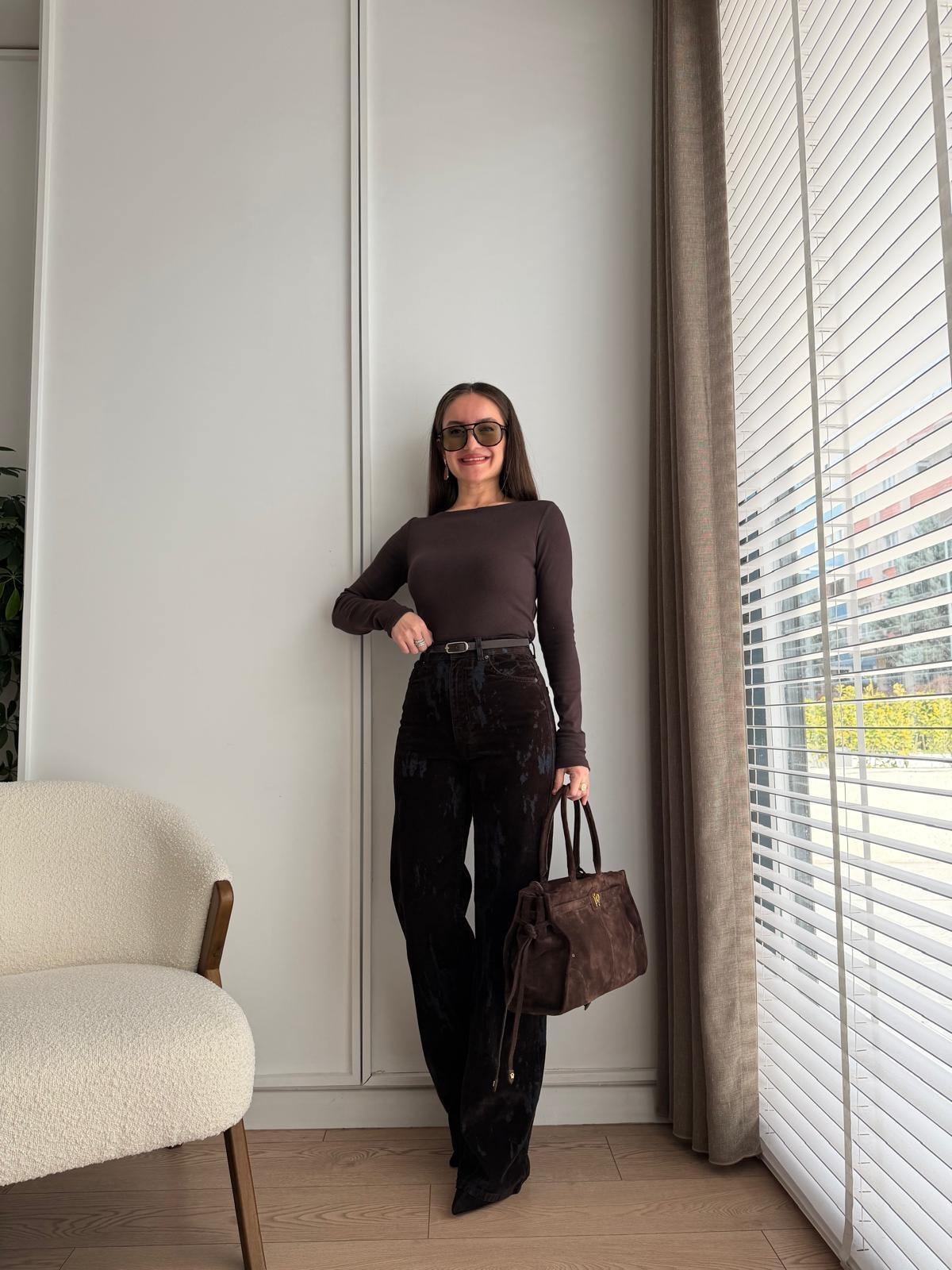 Koyu kahve Süet Dokulu Kemerli Wide Leg Jean 8077