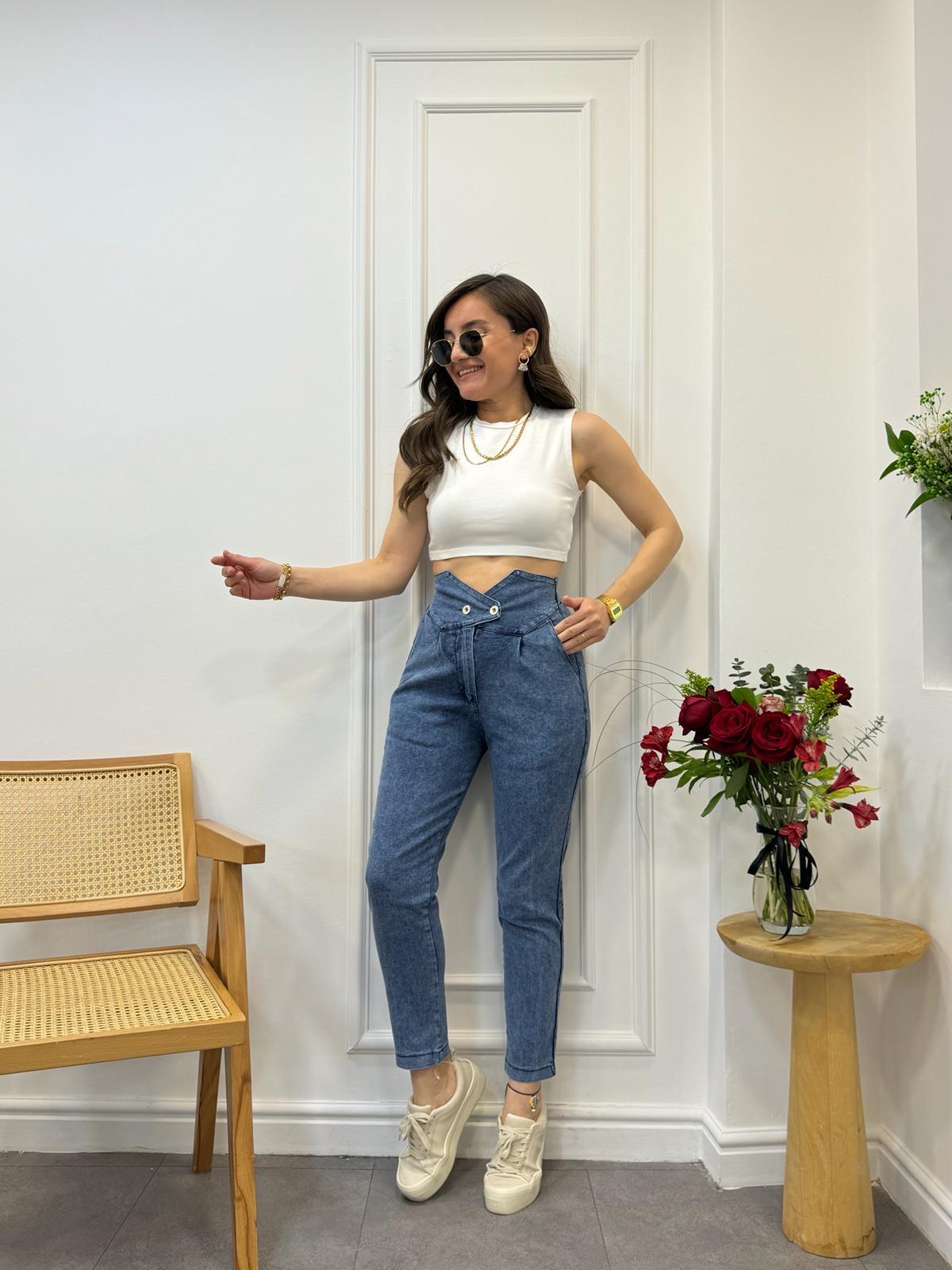 Koyu mavi Bel Detaylı Önü Düğmeli Pantolon 27733