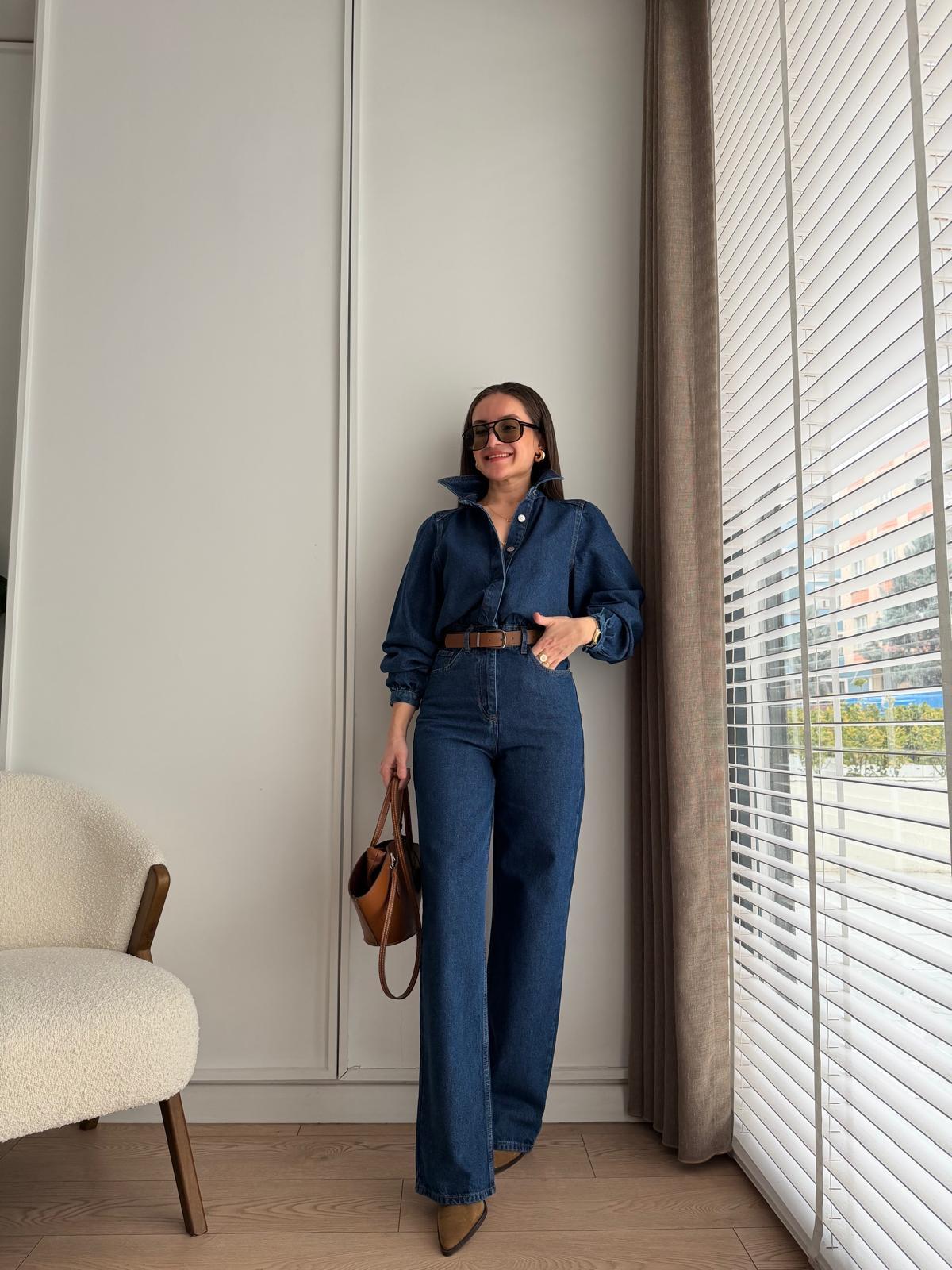 Koyu mavi Kemerli Denim Tulum 8152