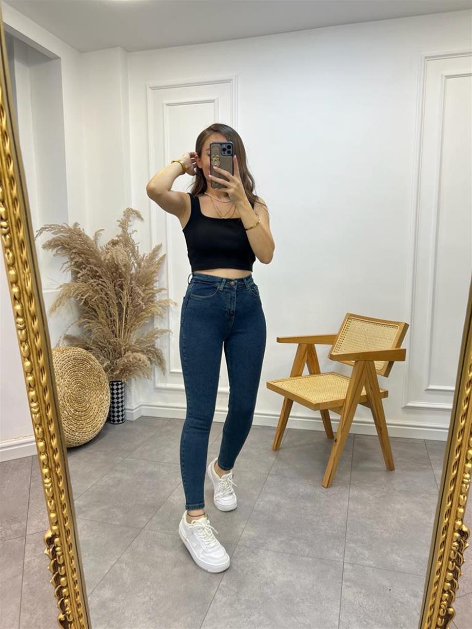 Koyu Mavi Taşlamalı Ultra Likralı Yüksek Bel Orijinal Sknny Jean 1601