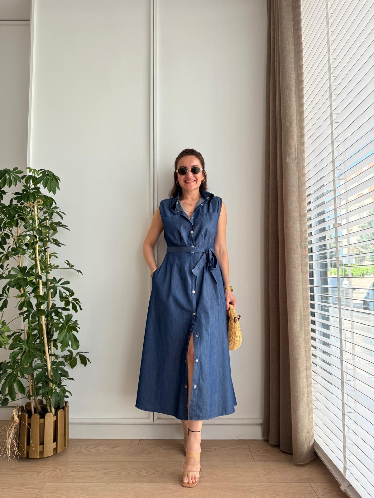 Koyu mavi Vatkalı Çıtçıt Düğmeli Gömlek Elbise 8116