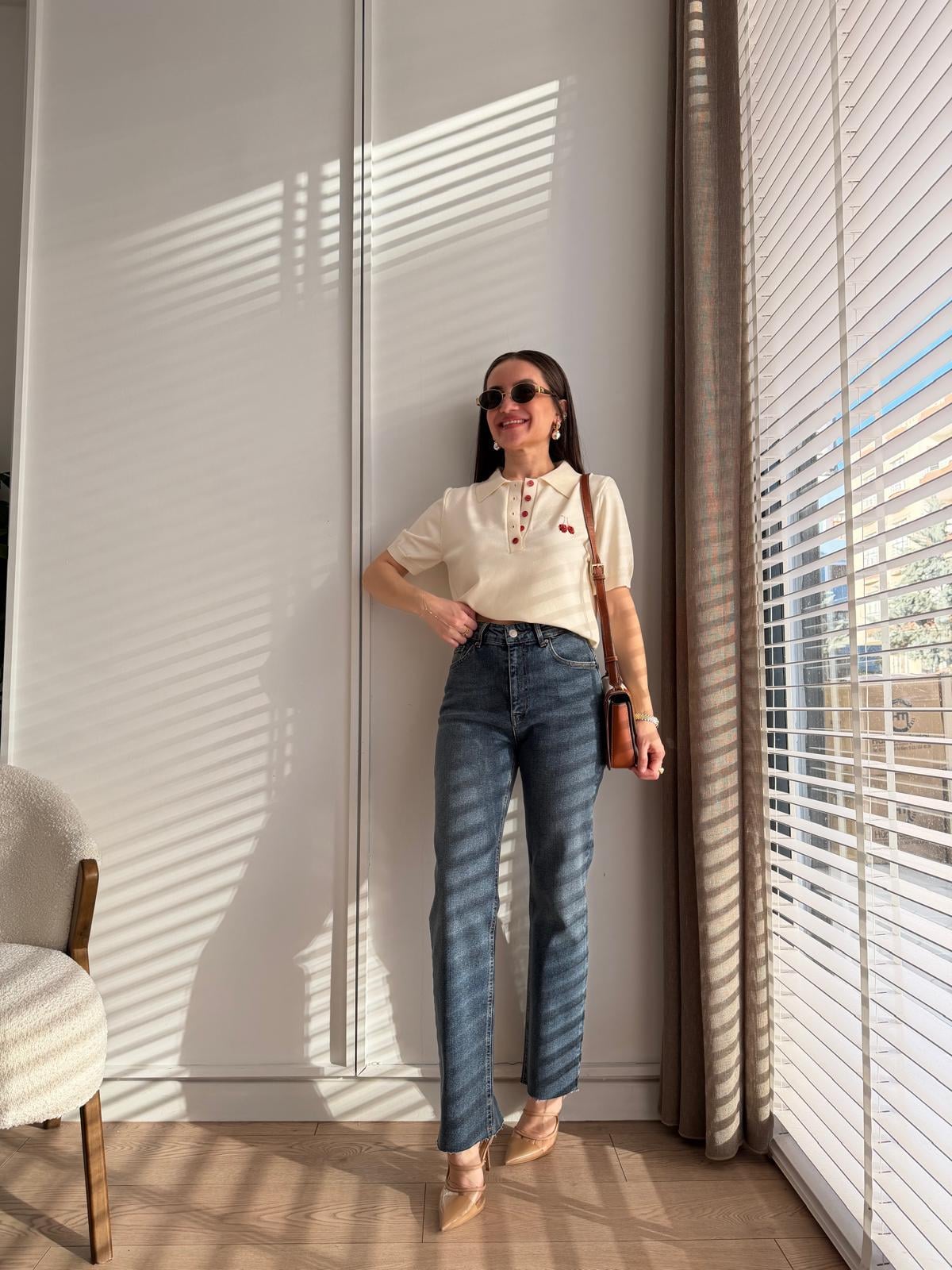 Koyu mavi Yüksek Bel Paçası Kesik Wide Leg Jean 2006