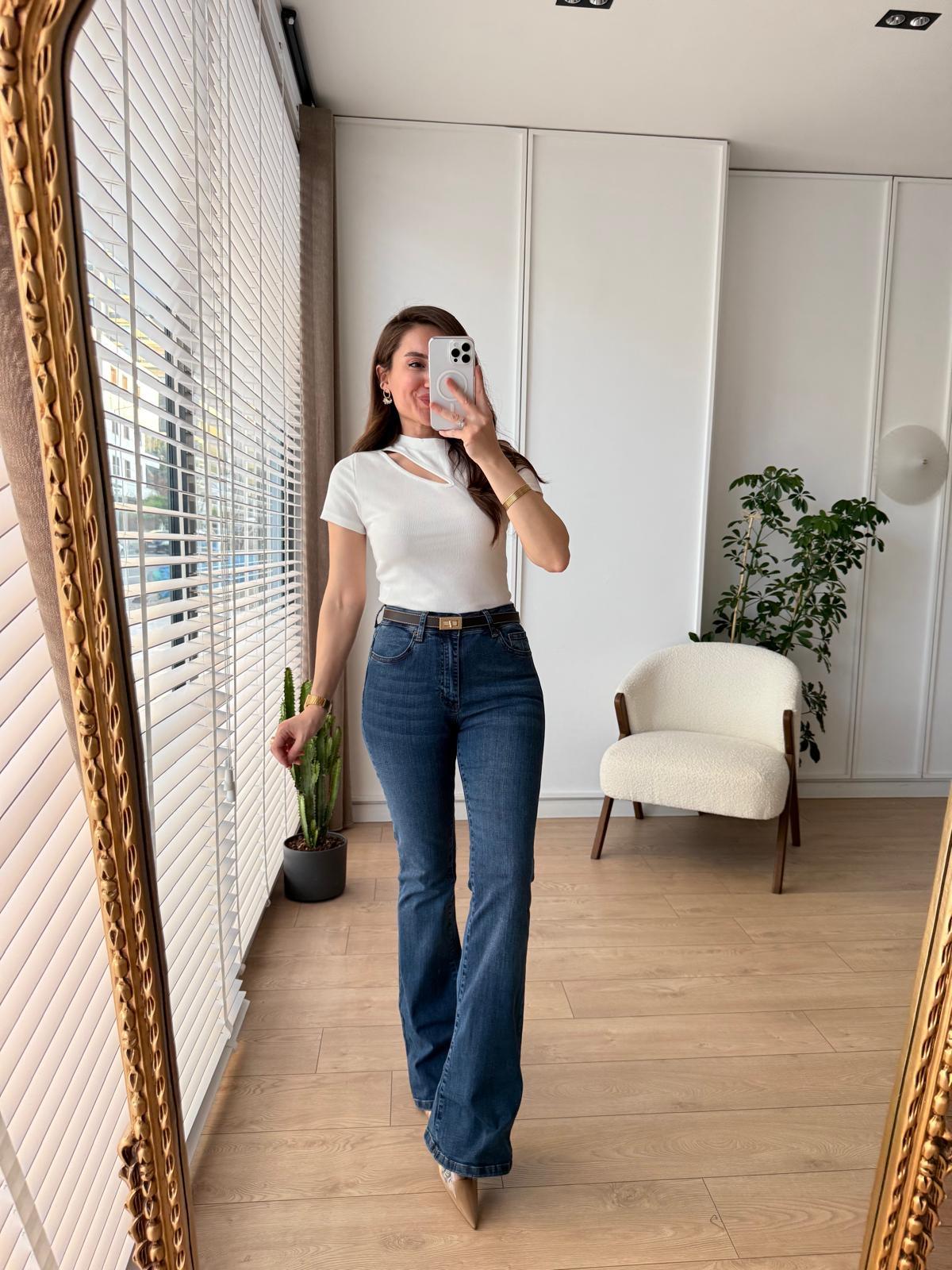 Koyu mavi Yüksel Bel Full Likralı İspanyol Paça Jean 0867