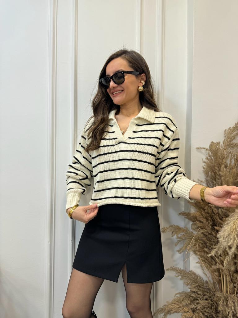Krem Çizgili Polo Yaka Triko Kazak 4180