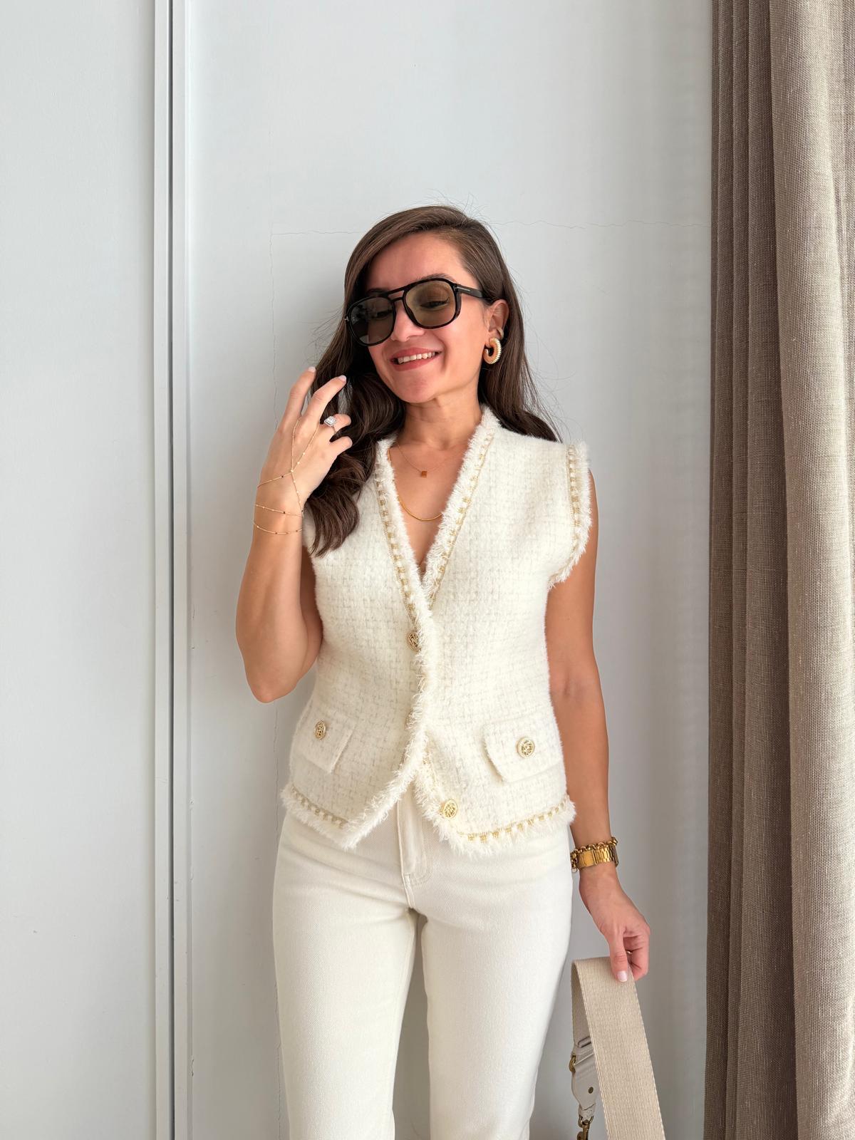 Krem Gold Düğmeli Sim Geçişli Angora Yelek 140428