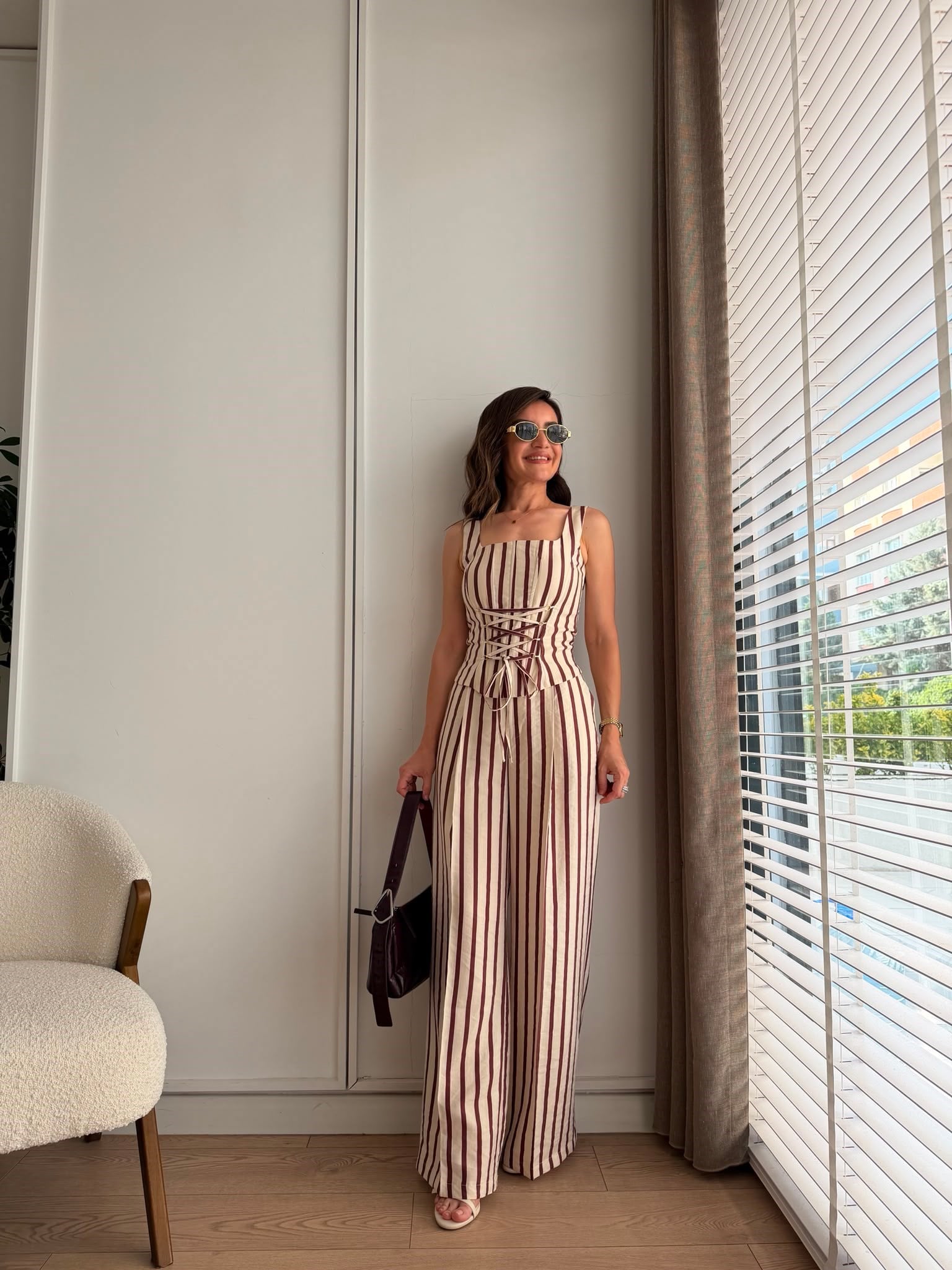 Krem İnce Çizgili Crop Takım 8268
