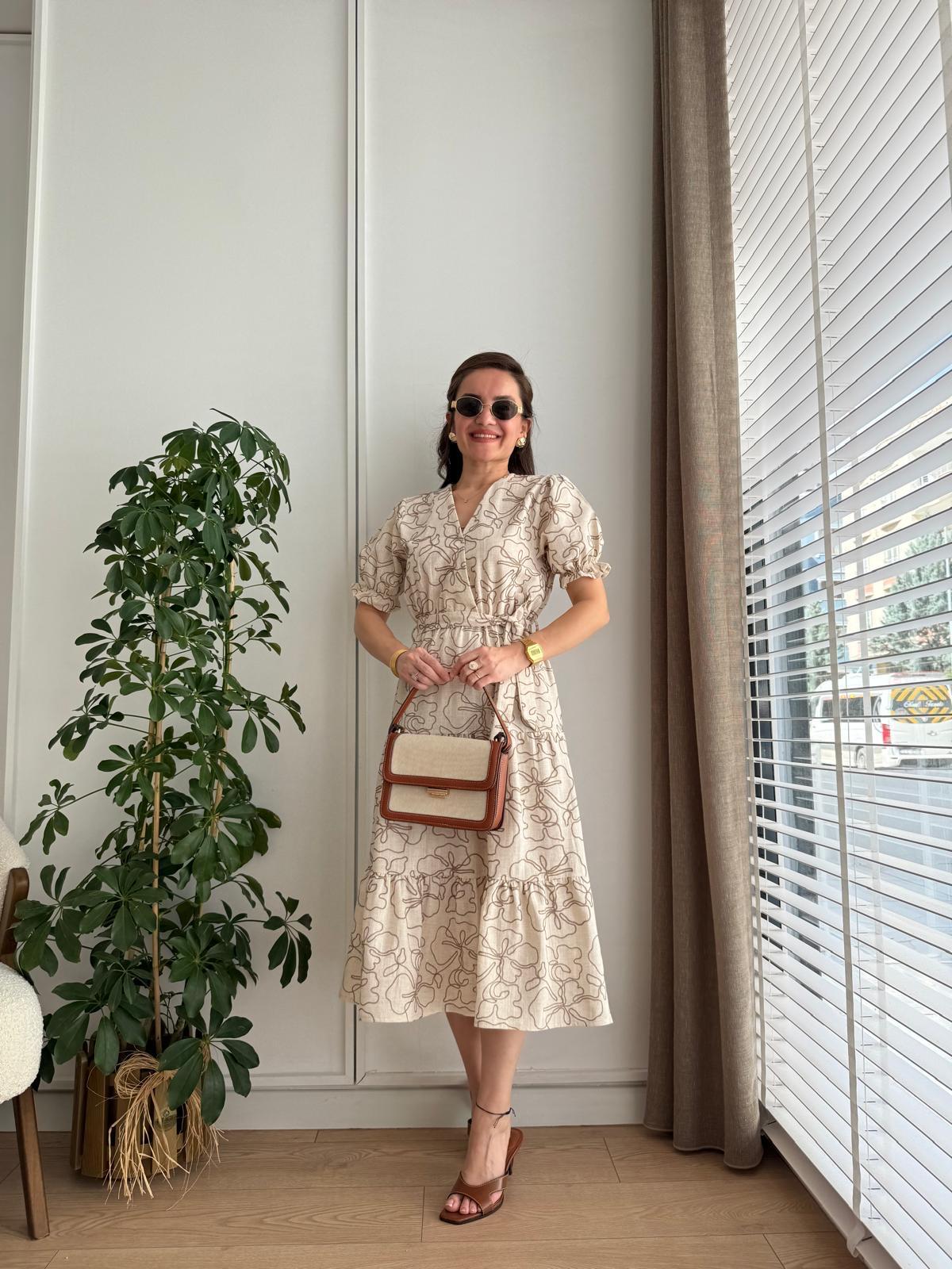 Krem Kruvaze Yaka Nakış İşlemeli Keten Elbise 5240