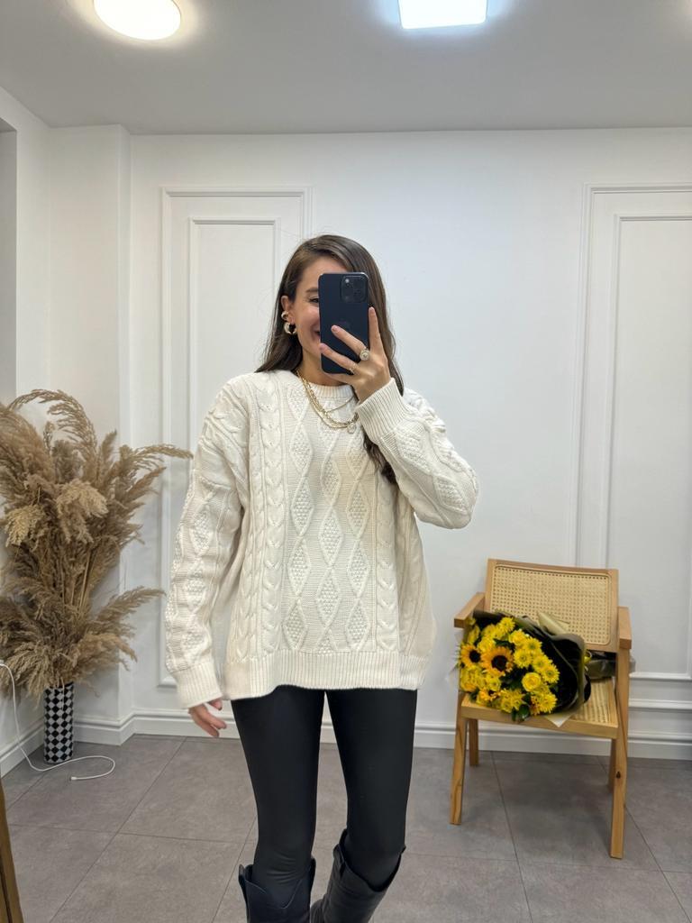 Krem Oversize Örme Kazak 3762