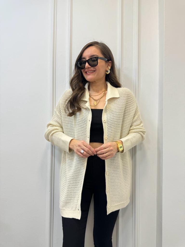 Krem Polo Yaka Önü Düğmeli Ajurlu Oversize Hırka 4194