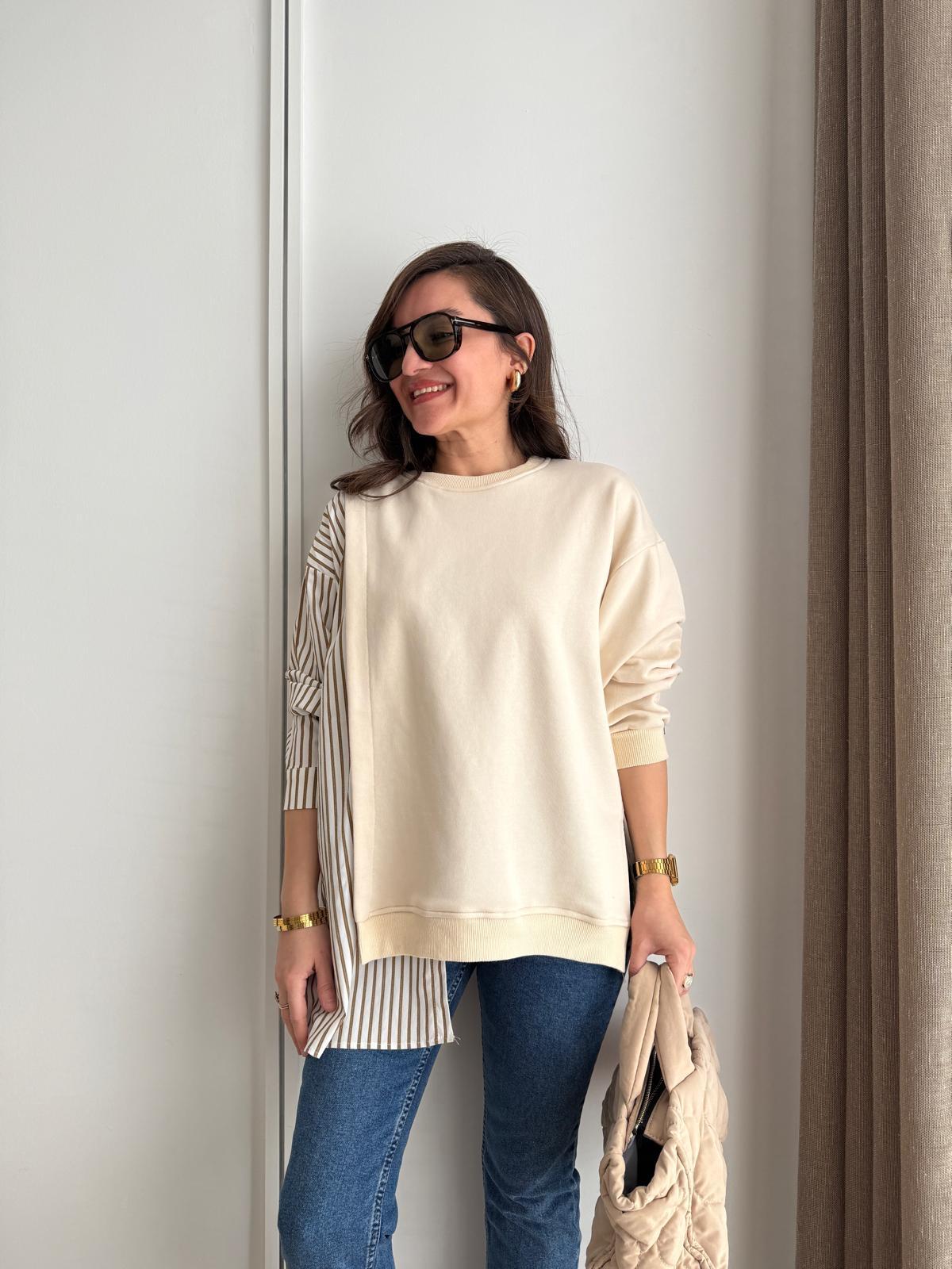 Krem Poplin Detay Çizgili Tasarım Sweatshırt 1346