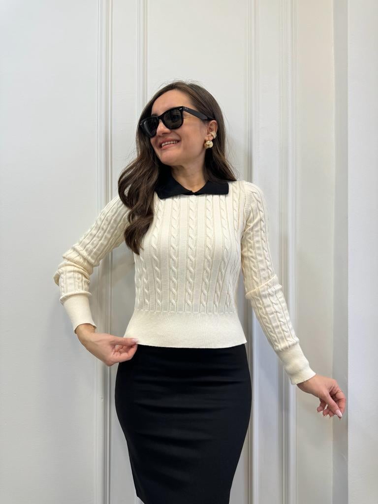 Krem Yaka Detaylı Triko Bluz 4150