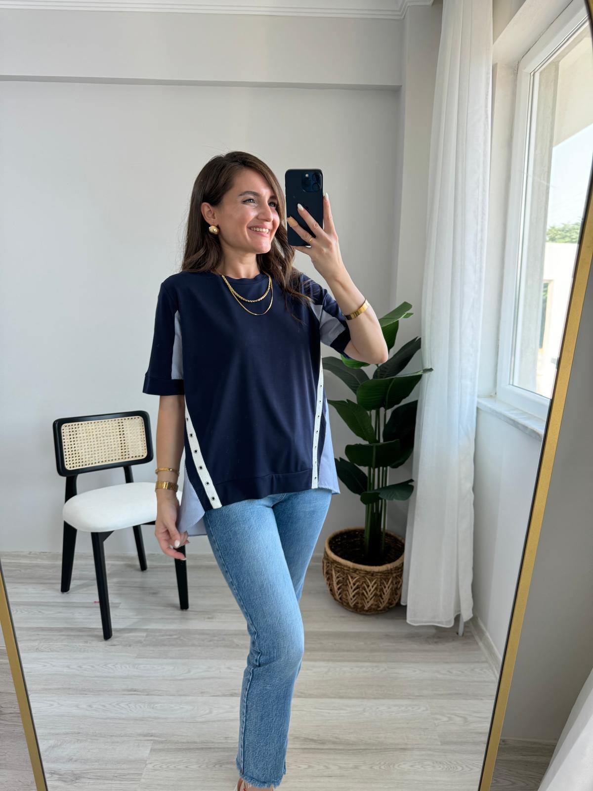 Lacivert Arkası Gömlek Detaylı Tasarım Bluz 2928