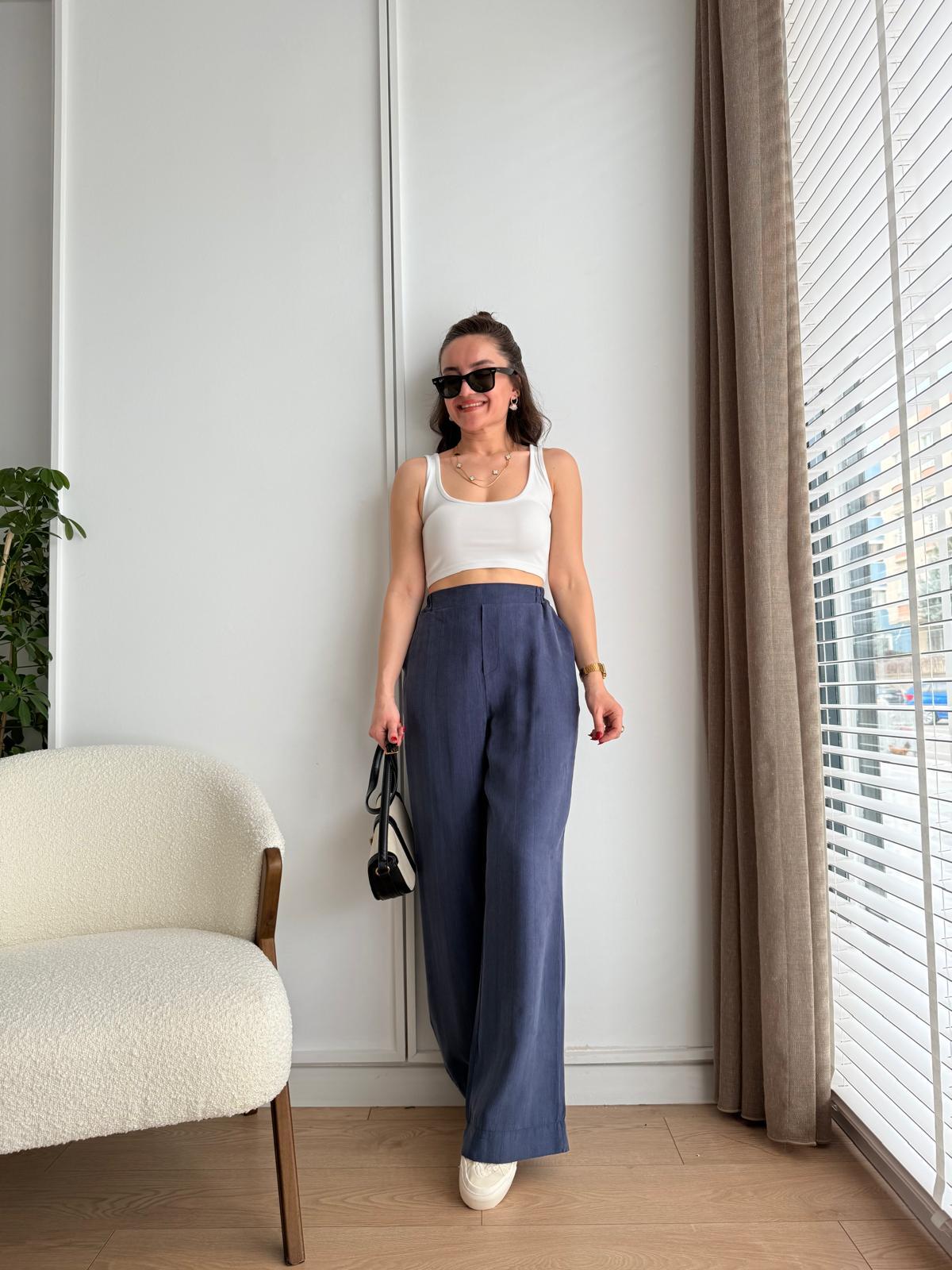 Lacivert Arkası Lastikli Tensel Palazzo Pantolon 7054