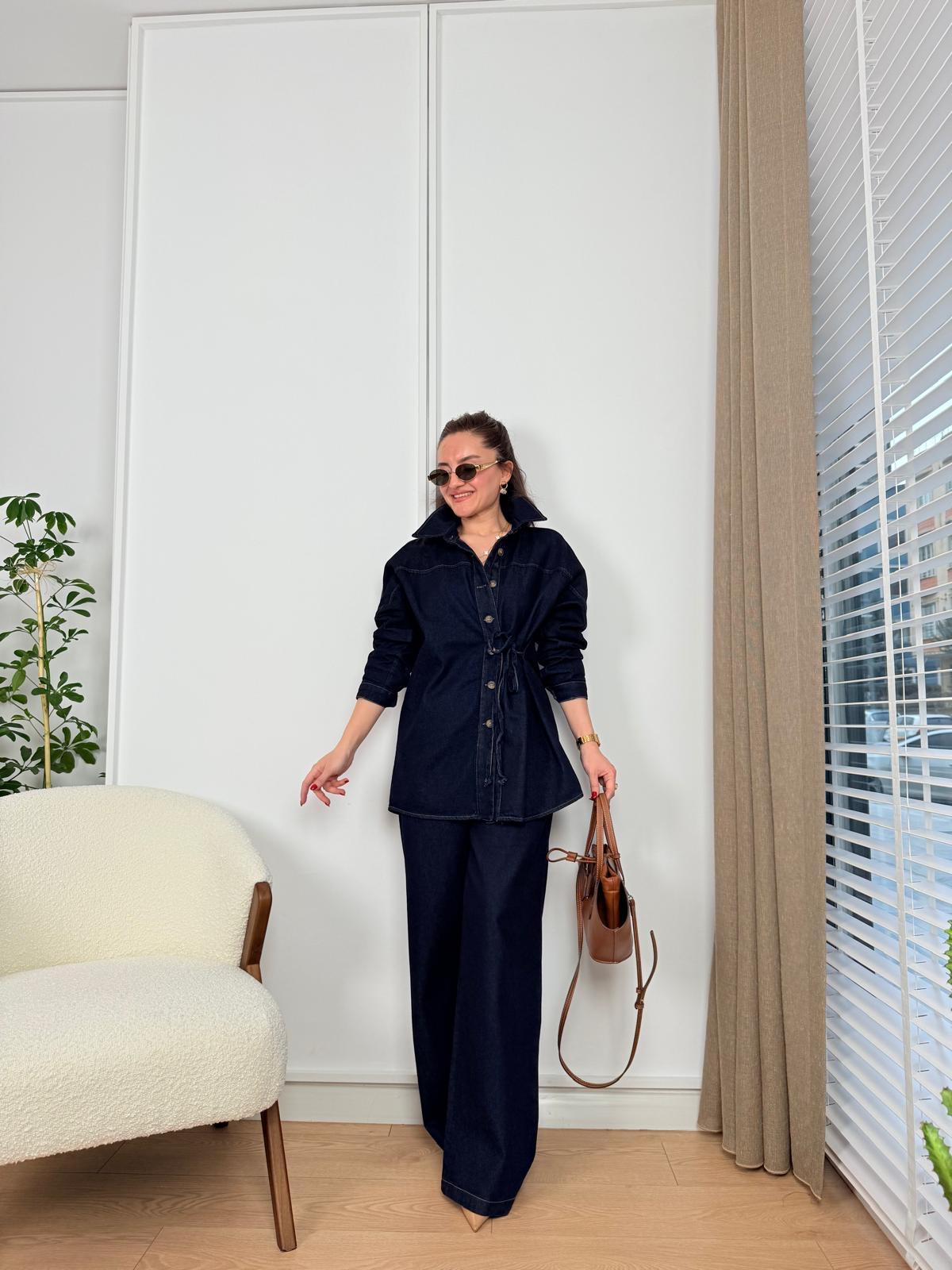 Lacivert Bağlama Detay Denim Takım 8622