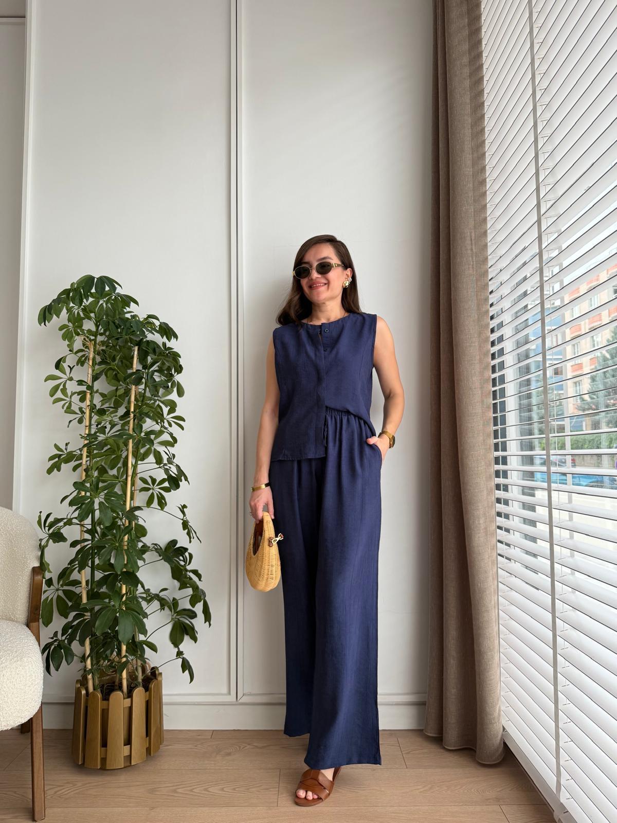 Lacivert Bambu Kumaş Düğmeli Bluz Pantolon Takım 505
