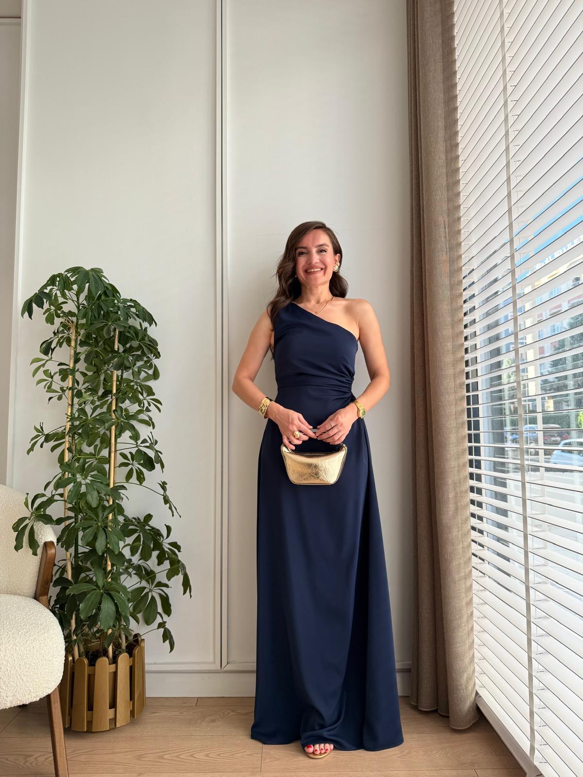 Lacivert Bel Dekolteli Tek Omuz Elbise 5956