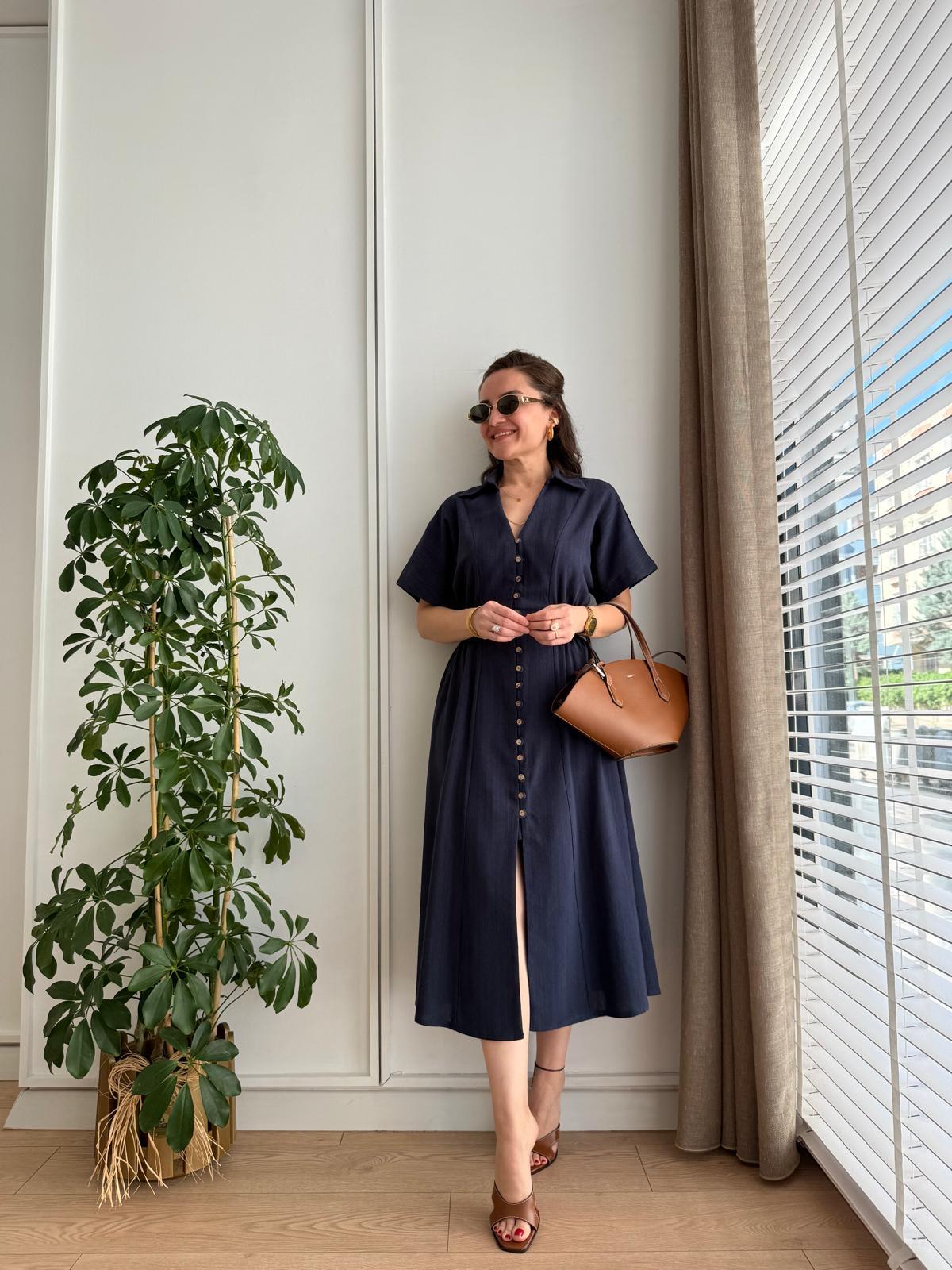 Lacivert Bel Detaylı Düğmeli Keten Elbise 2247