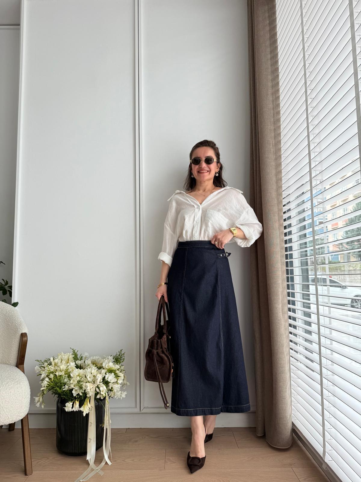 Lacivert Bel Kemer Detaylı Kravuze Denim Etek 250423