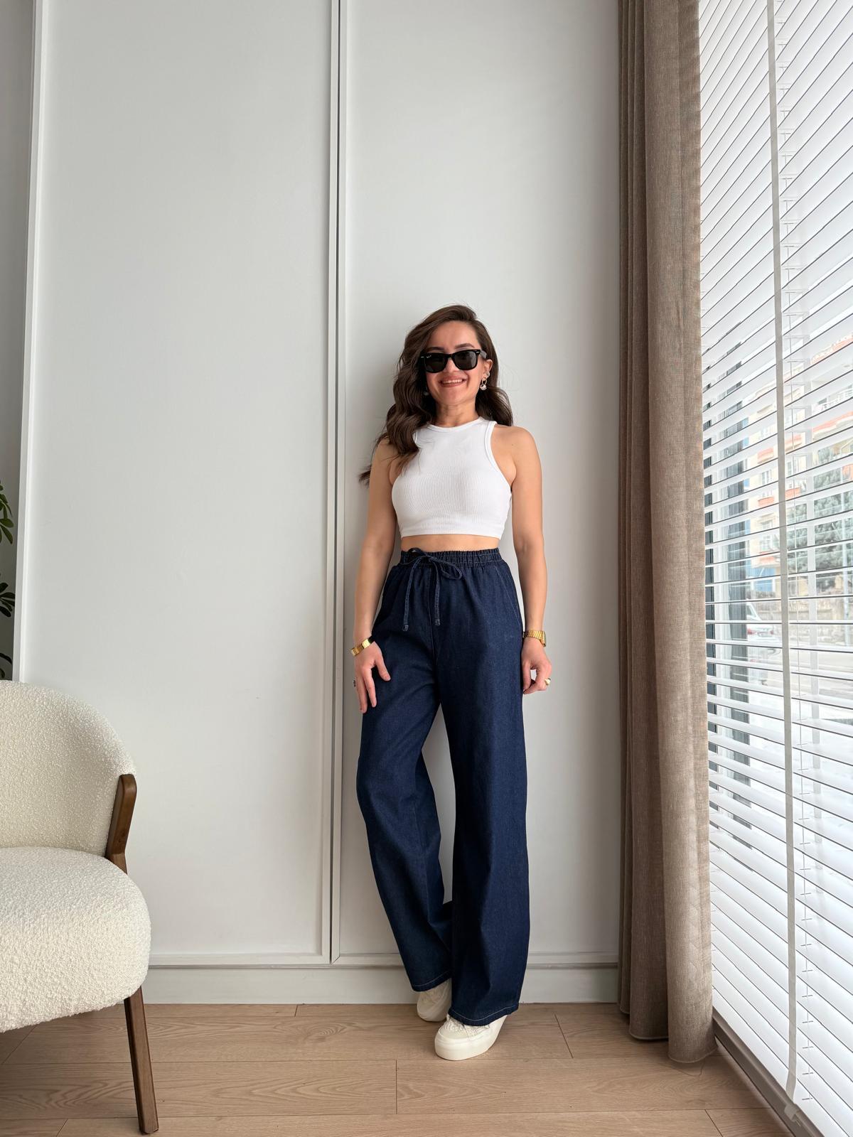 Lacivert Bel Lastikli Geniş Paça Denim Pantolon 3489