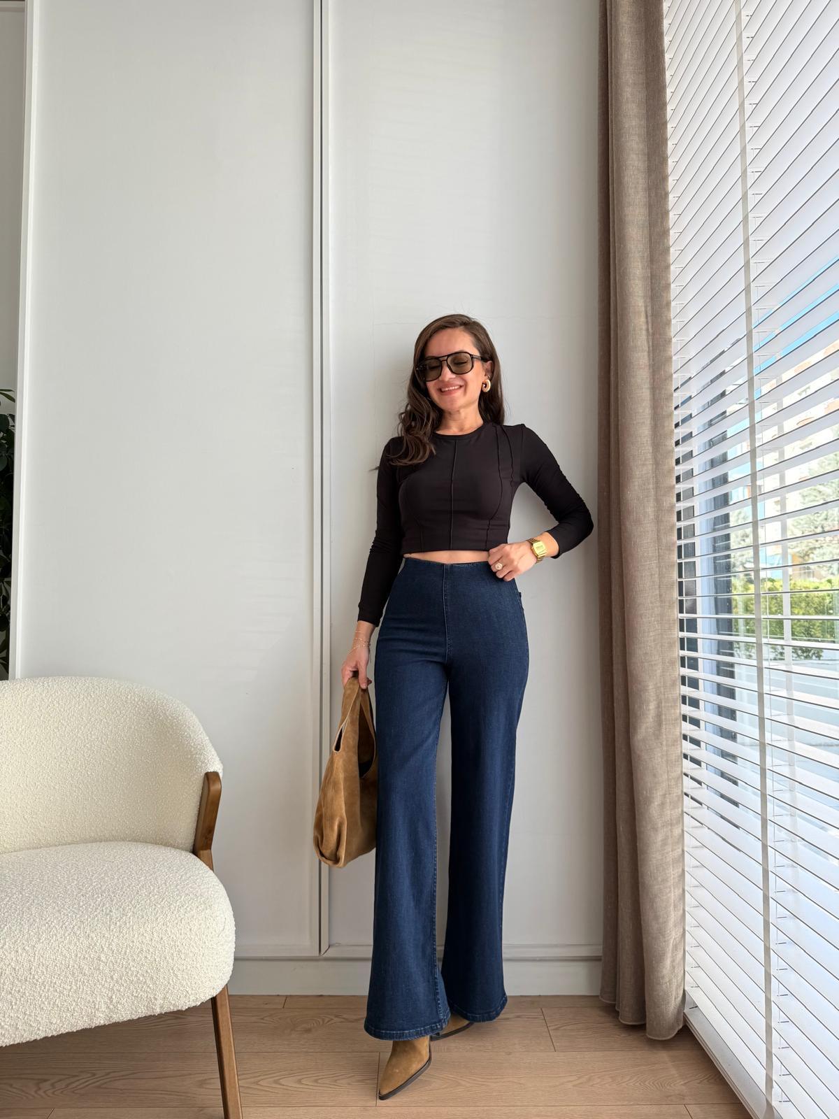 Lacivert Bel Lastikli Geniş Paça Jean 3976