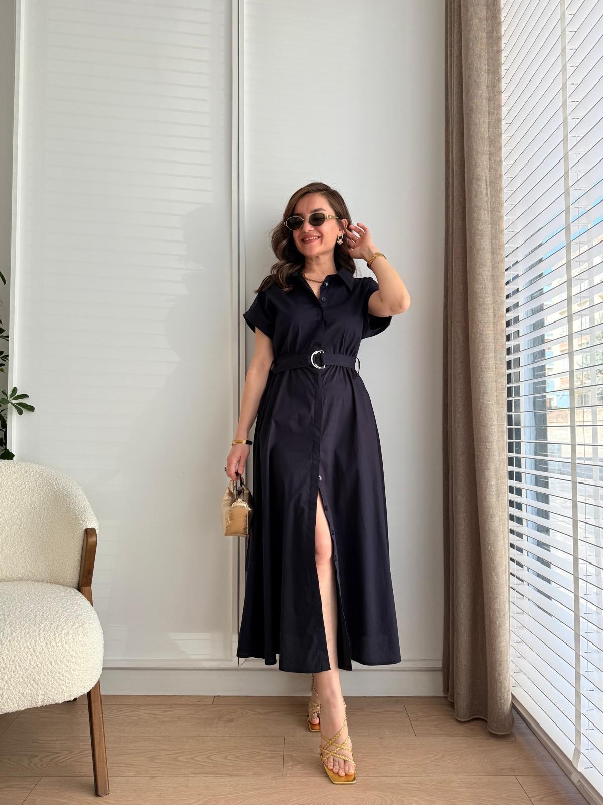 Lacivert Bel Lastikli Kuşaklı Gömlek Elbise 1101