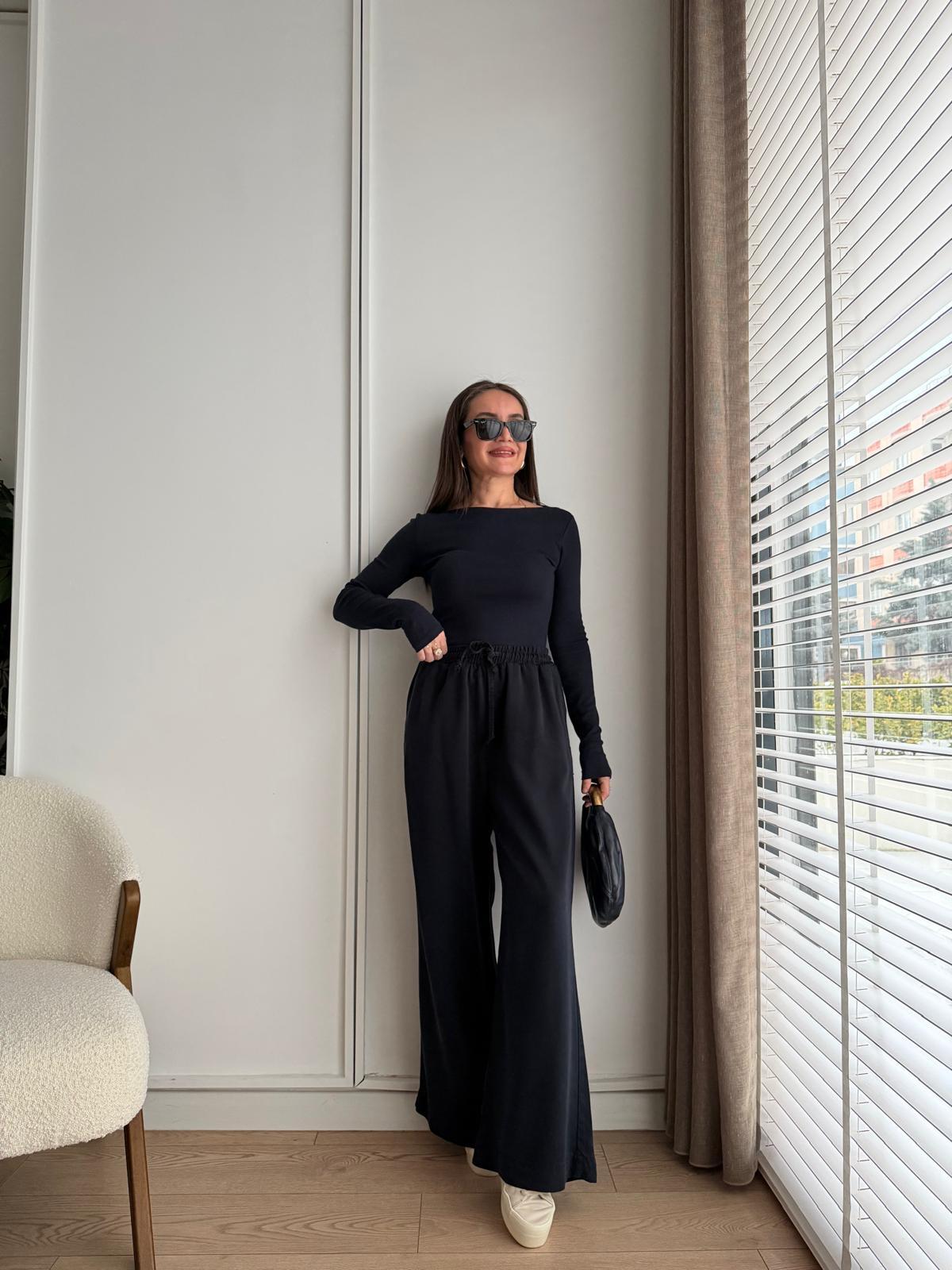 Lacivert Bel Lastikli Palazzo Pantolon 7150