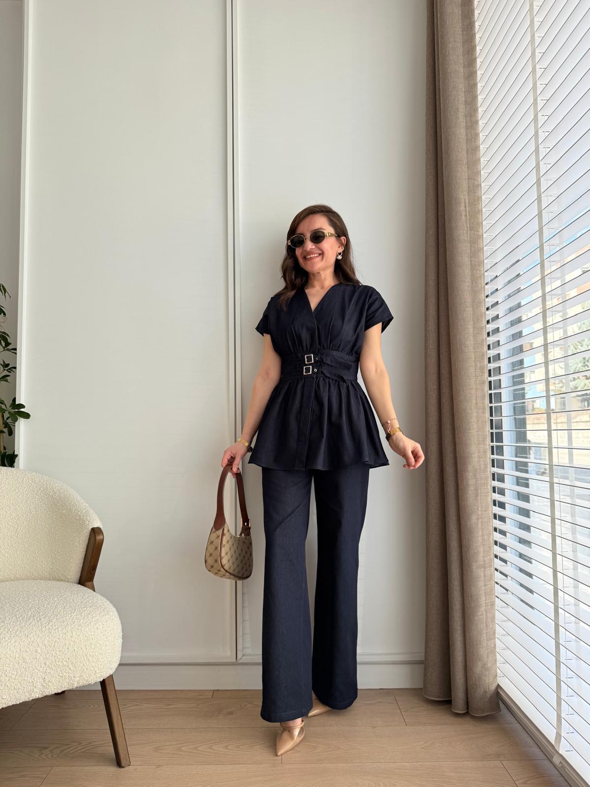 Lacivert Beli Kemer Detaylı Denim Takım 36105