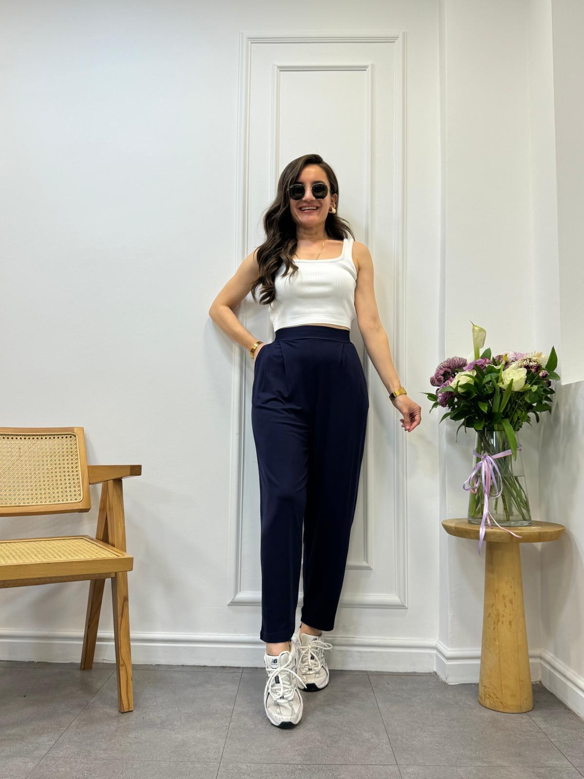 Lacivert Beli Lastikli Modal Kumaş Şalvar Pantolon 0824