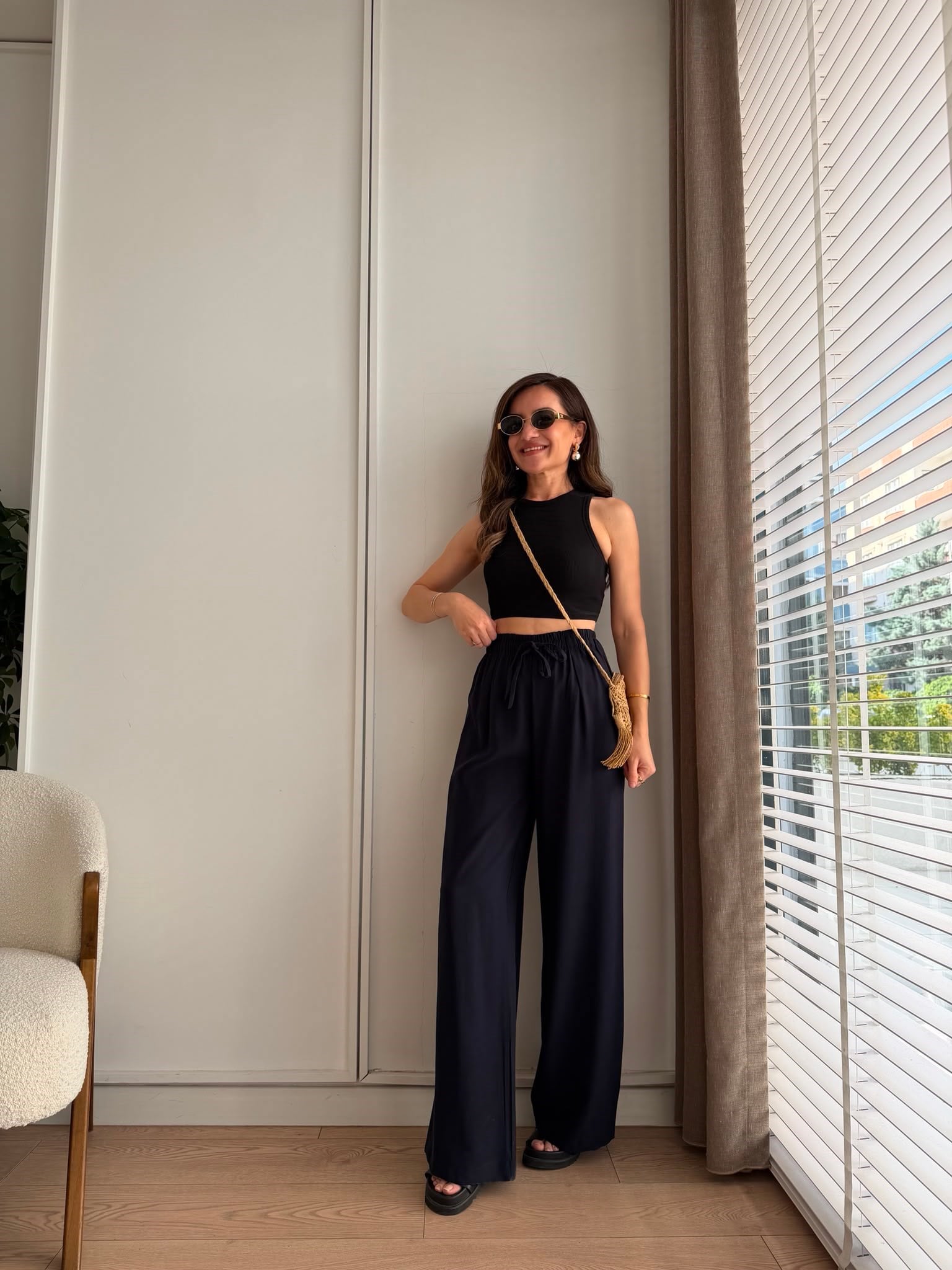 Lacivert Beli Lastikli Tensel Palazzo Pantolon 3950