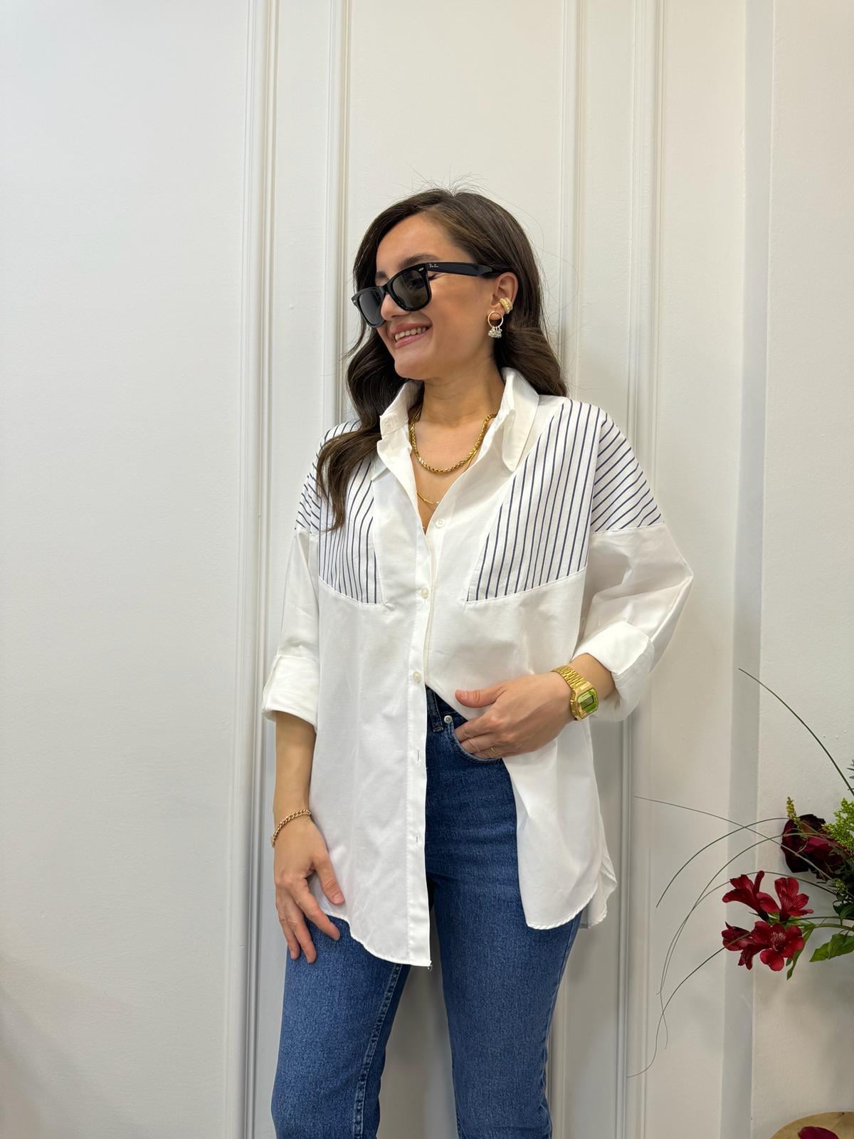 Lacivert Beyaz Omuz Çizgi Detaylı Oversize Gömlek 28395