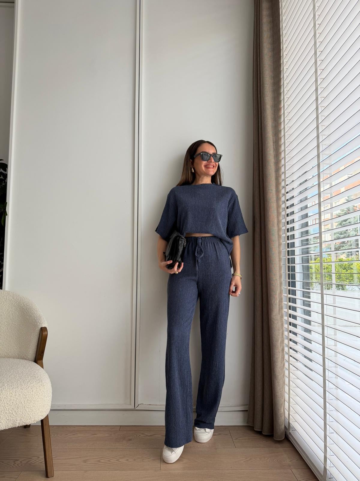 Lacivert Bisiklet Yaka Bürümcük Dokulu Takım 1104