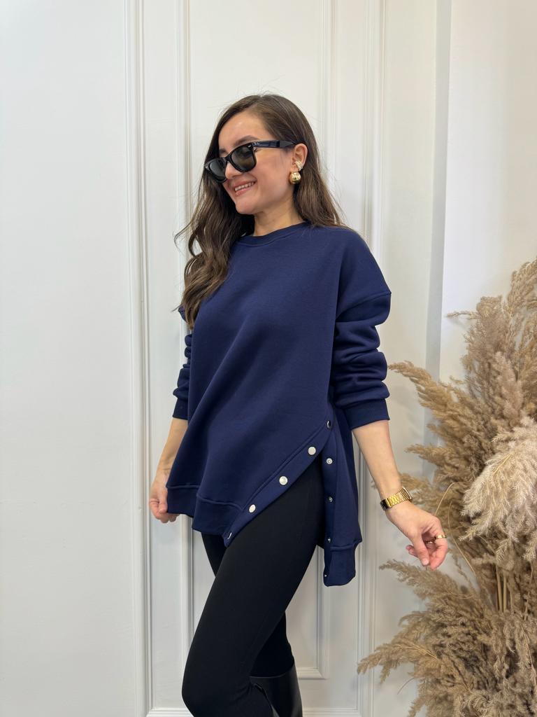 Lacivert Bisiklet Yaka Yanı Çıtçıtlı Oversize Sweatshirt 8248