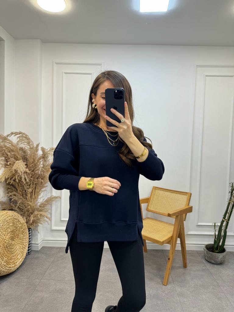 Lacivert Bisiklet Yaka Yırtmaçlı Geniş Manşetli Sweatshirt E013