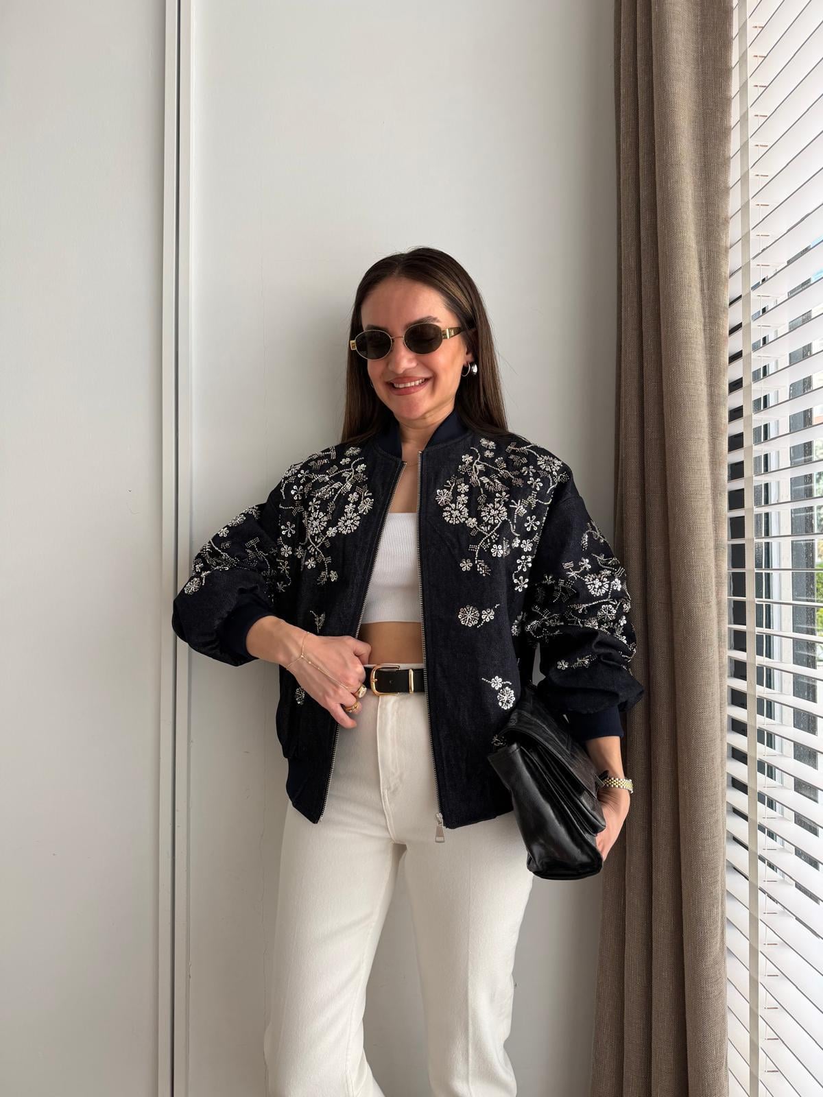 Lacivert Boncuk İşlemeli Tasarım Kot Ceket 99947