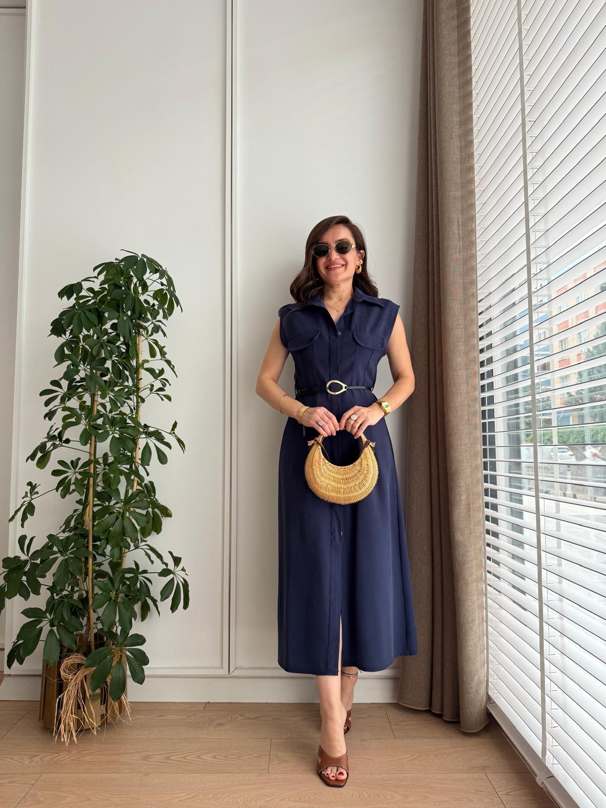 Lacivert Cep Detaylı Kemerli Elbise 8130