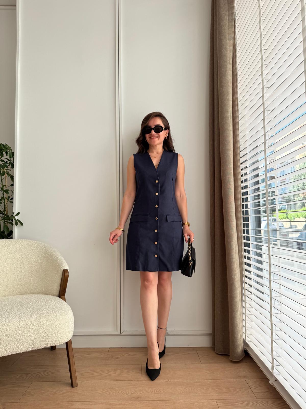 Lacivert Cepli Gold Düğmeli Mini Boy Elbise 0408