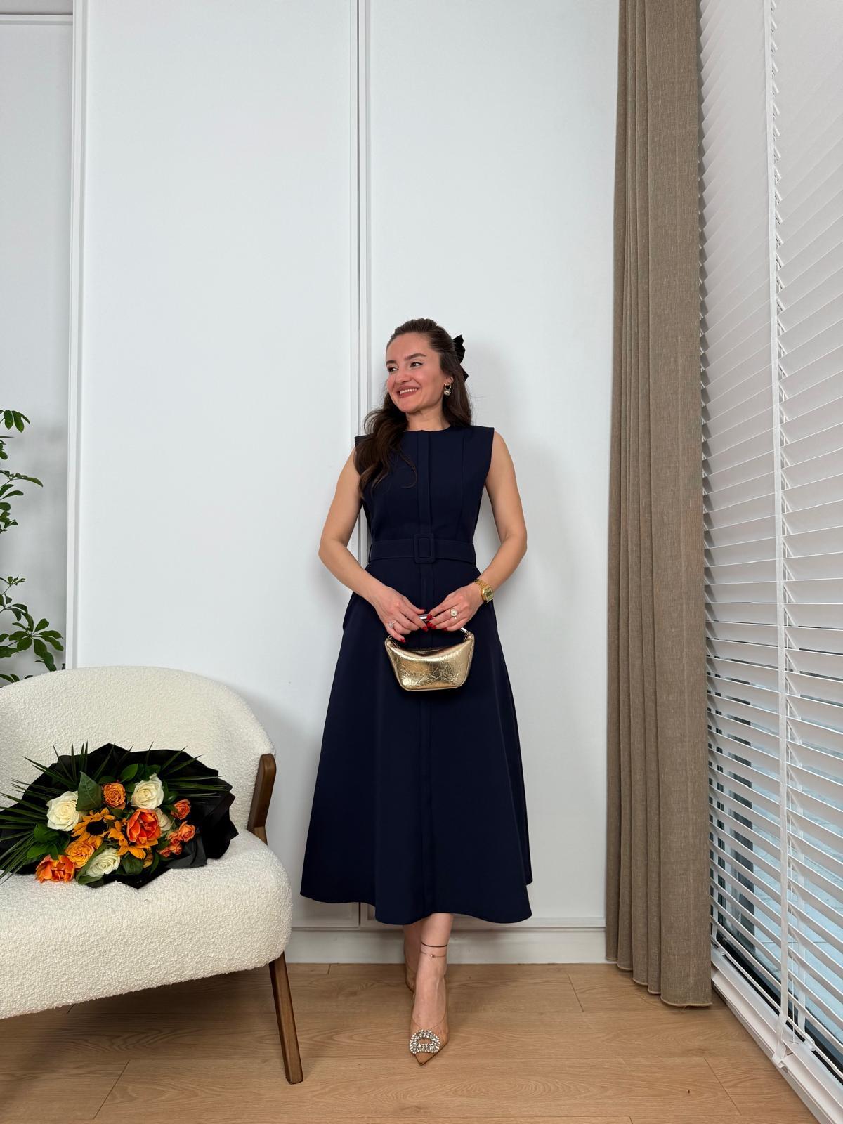 Lacivert Cepli Kemerli Kloş Elbise 1123