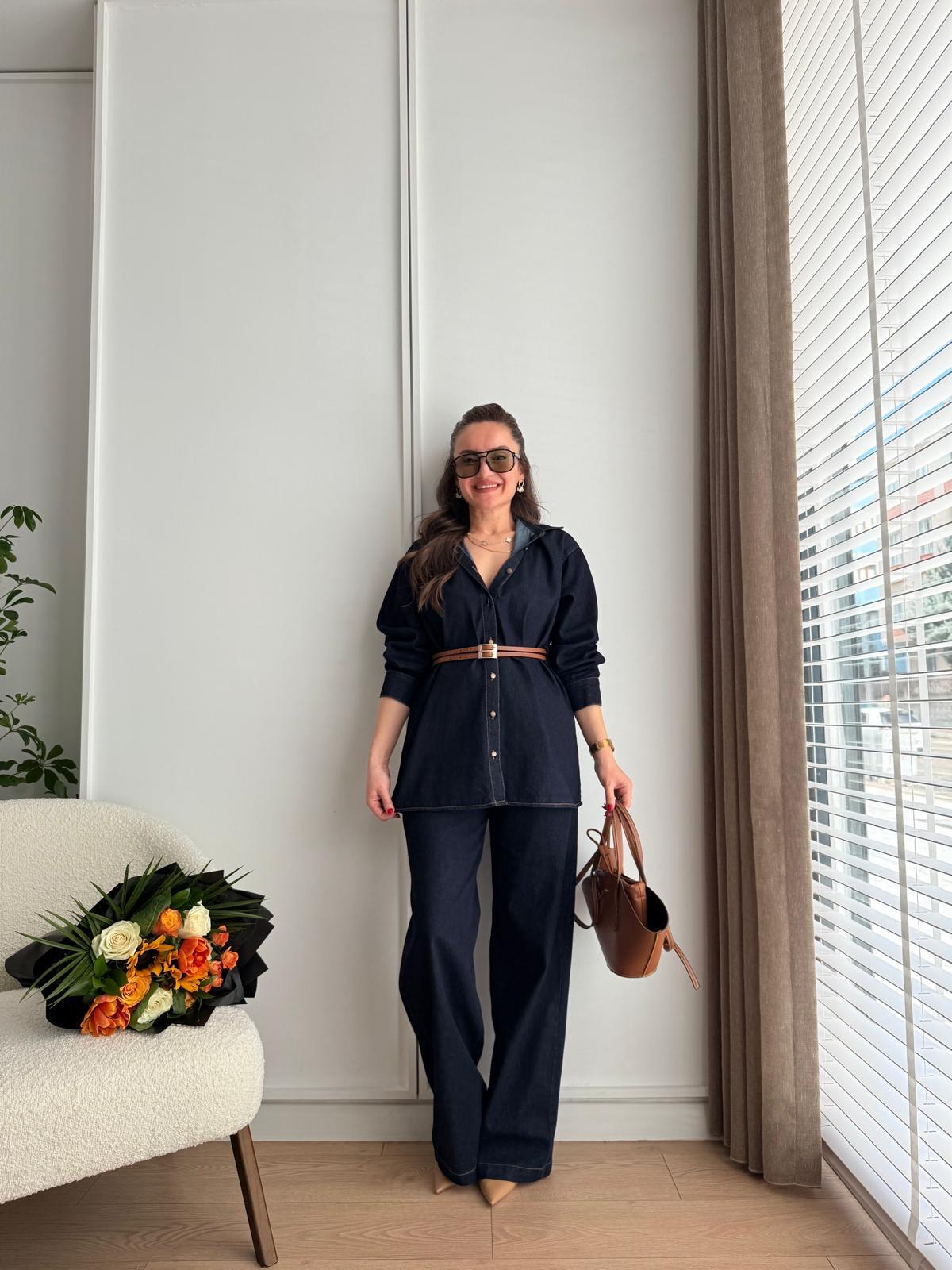 Lacivert Çift Kemerli Bel Lastikli Denim Takım 8627