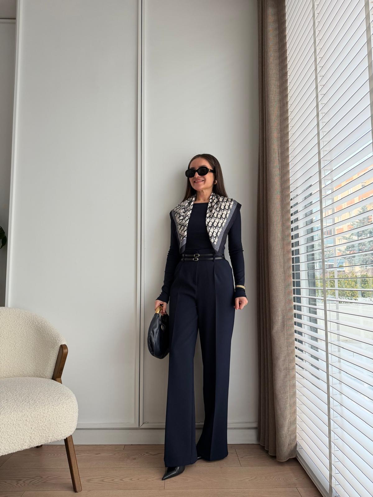 Lacivert Çift Kemerli Palazzo Pantolon 3663