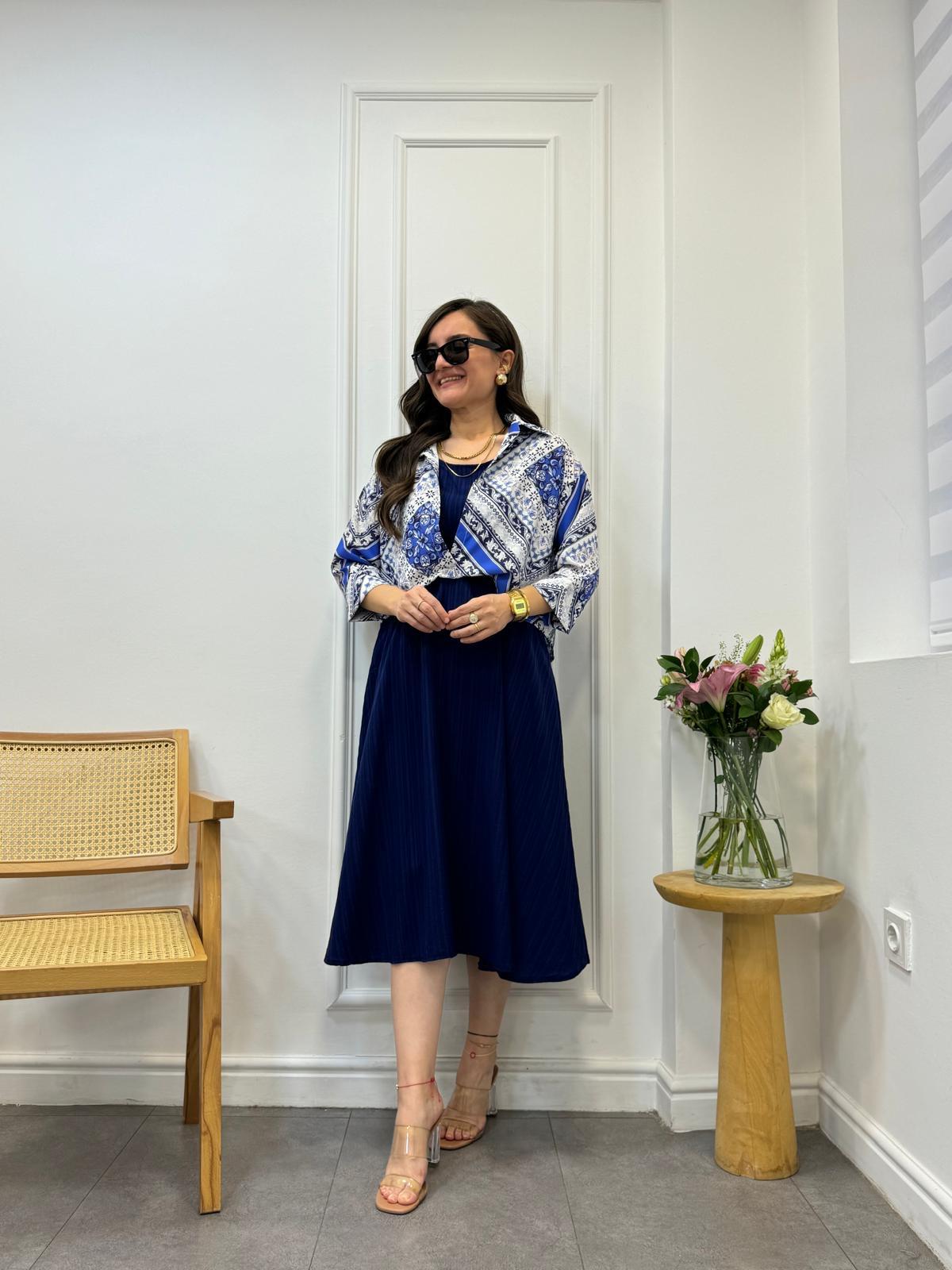 Lacivert Çini Desenli Gömlek Detaylı Elbise M53