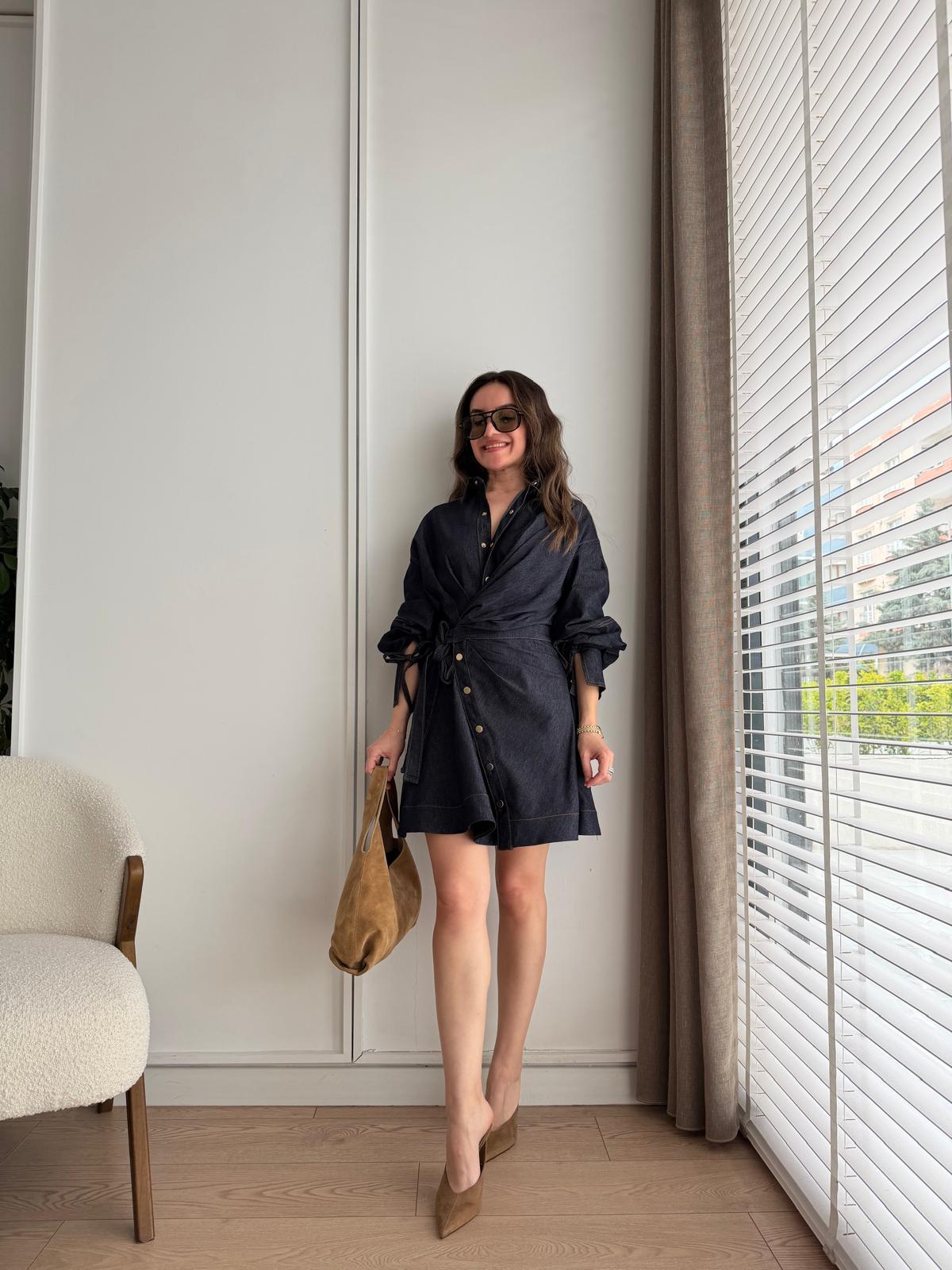 Lacivert Çıtçıt Düğmeli Bağlama Detaylı Mini Boy Elbise 7845