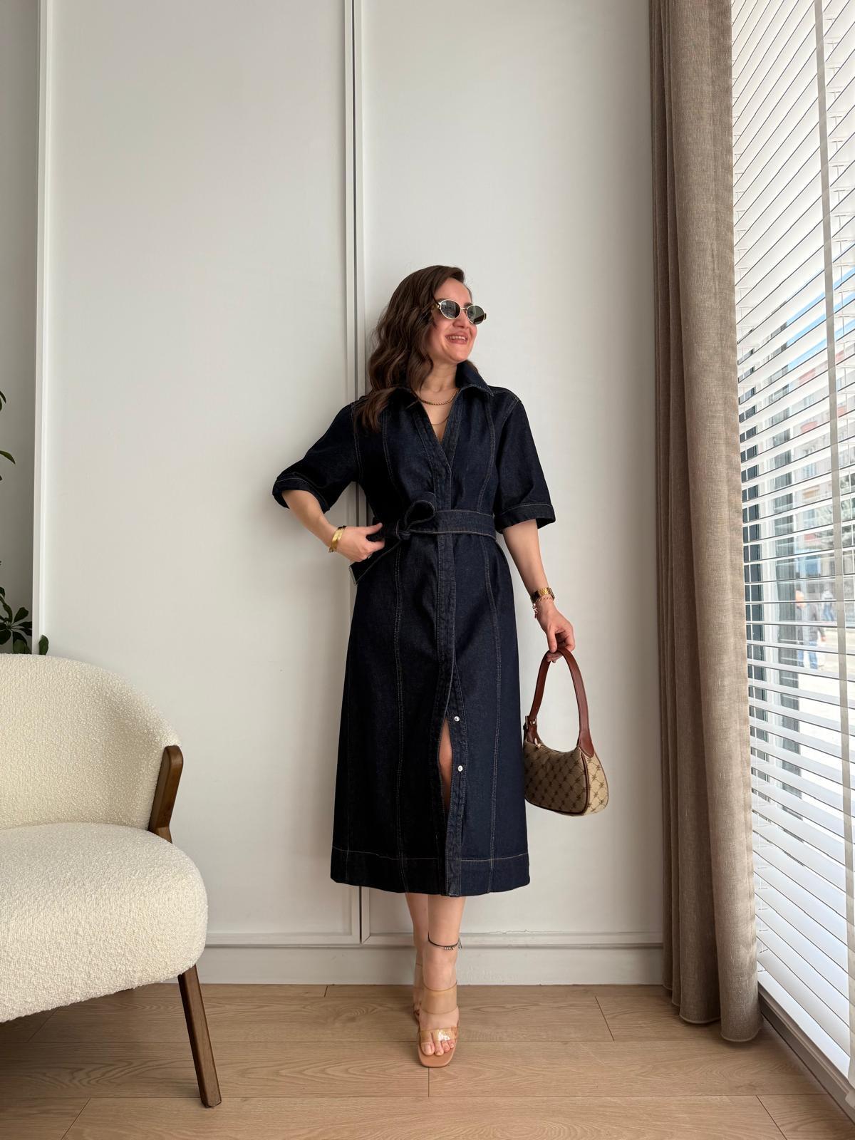 Lacivert Çıtçıt Düğmeli Kuşaklı Tasarım Denim Elbise 0389