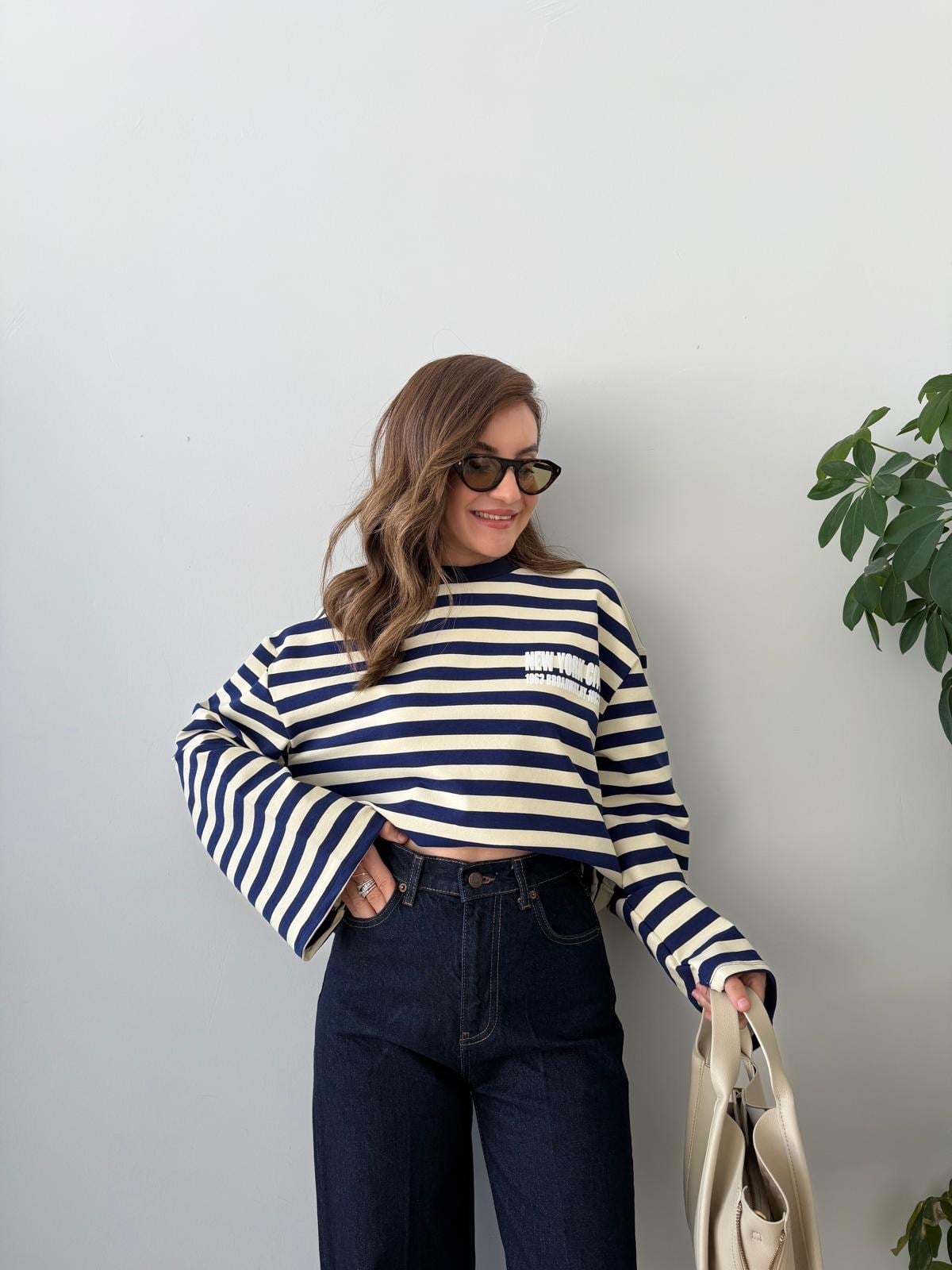 Lacivert Çizgili Baskılı Sweatshirt 1130