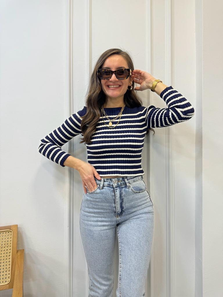 Lacivert Çizgili Bisiklet Yaka Fitilli Uzun Kollu Crop 4148
