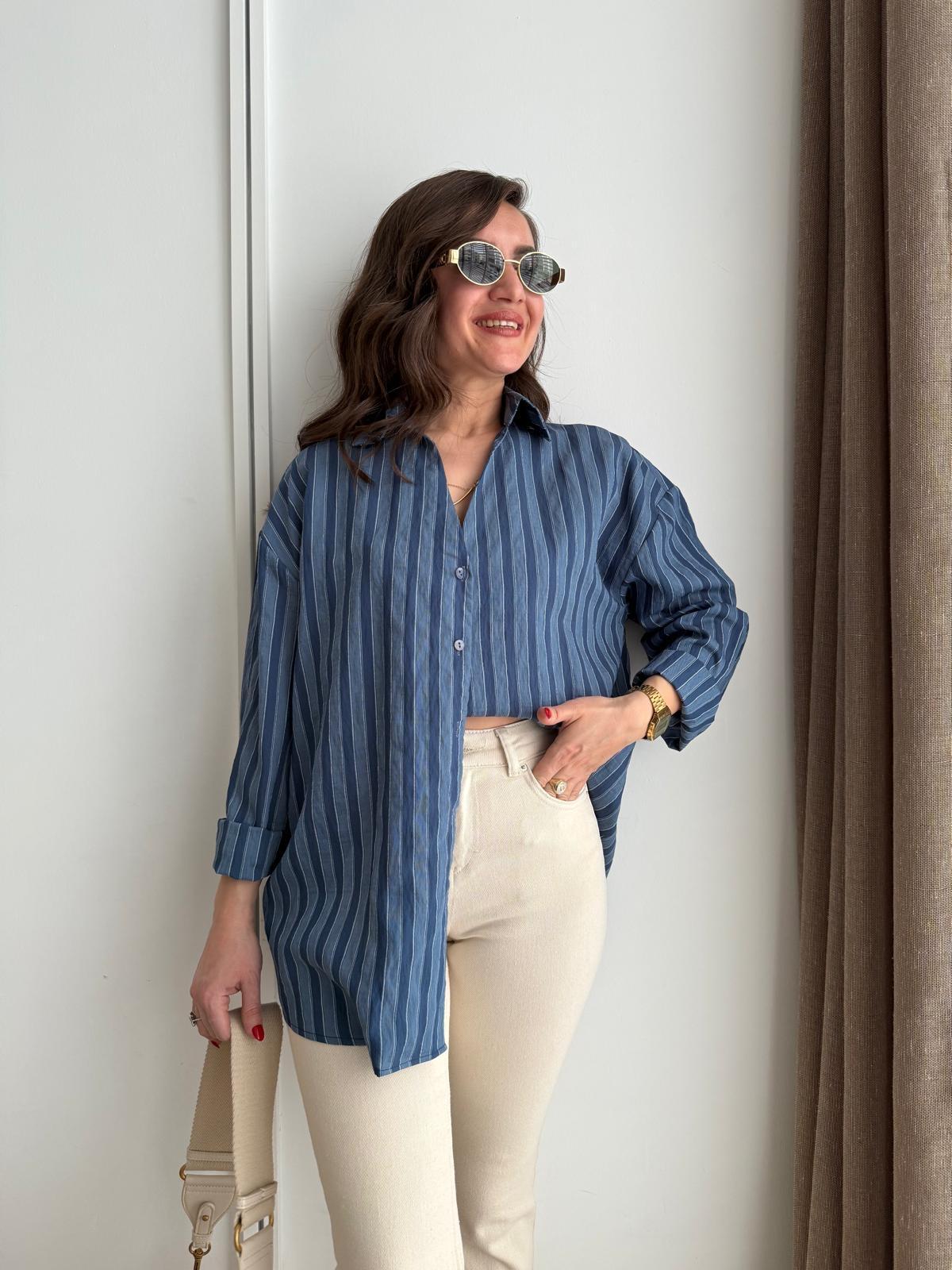 Lacivert Çizgili Oversize Gömlek 5299