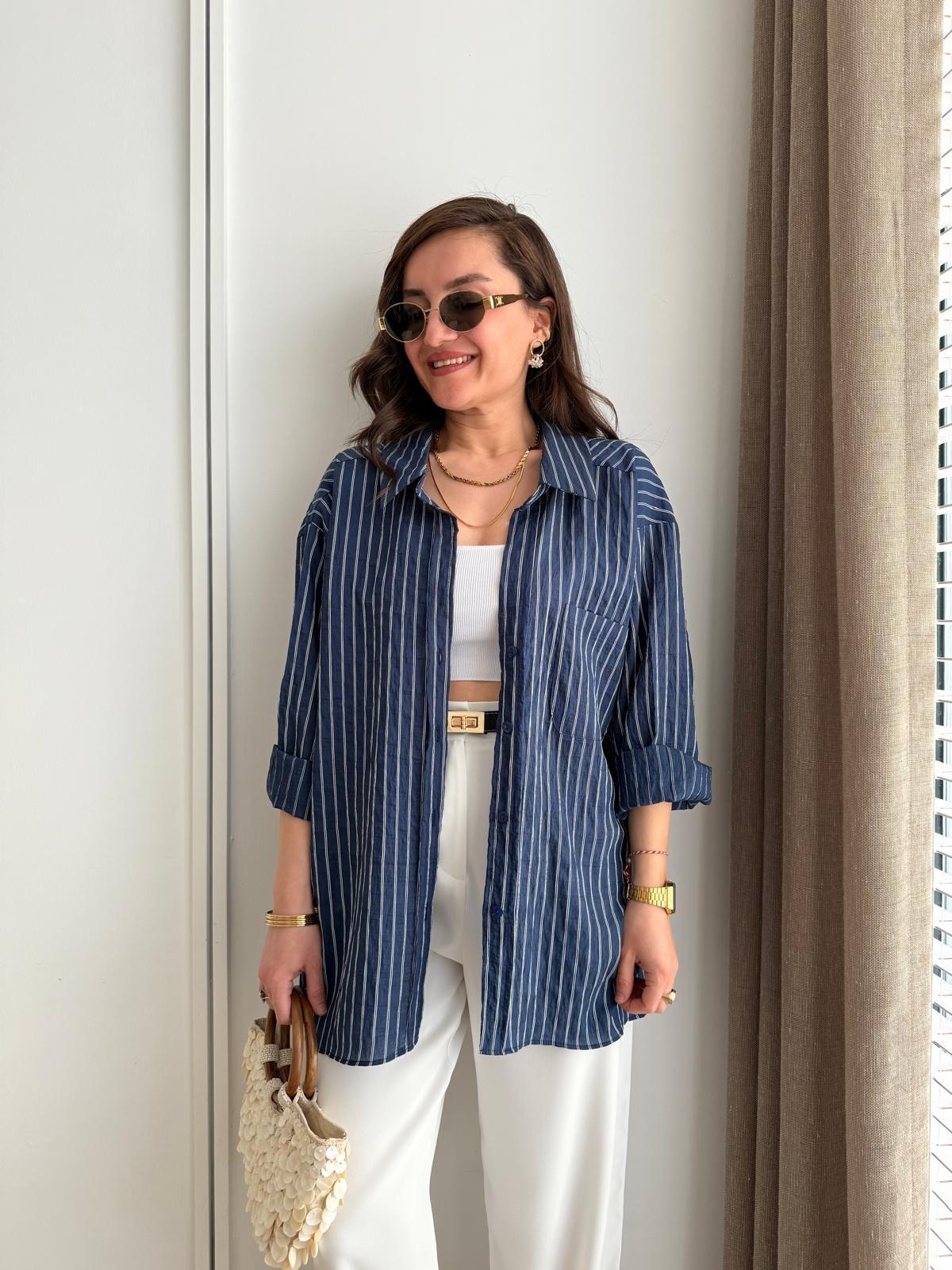 Lacivert Çizgili Oversize Gömlek 5320