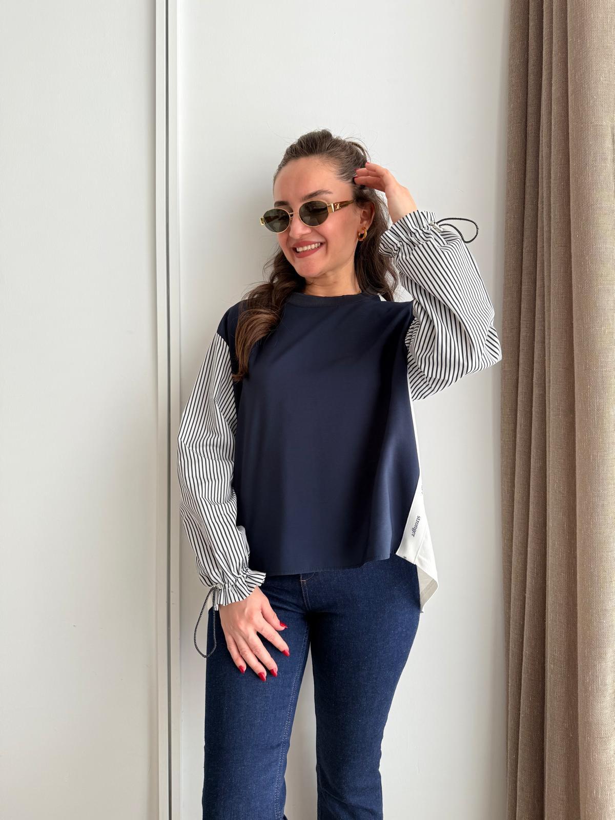 Lacivert Çizgili Poplin Kol Detaylı Sweatshırt 00206
