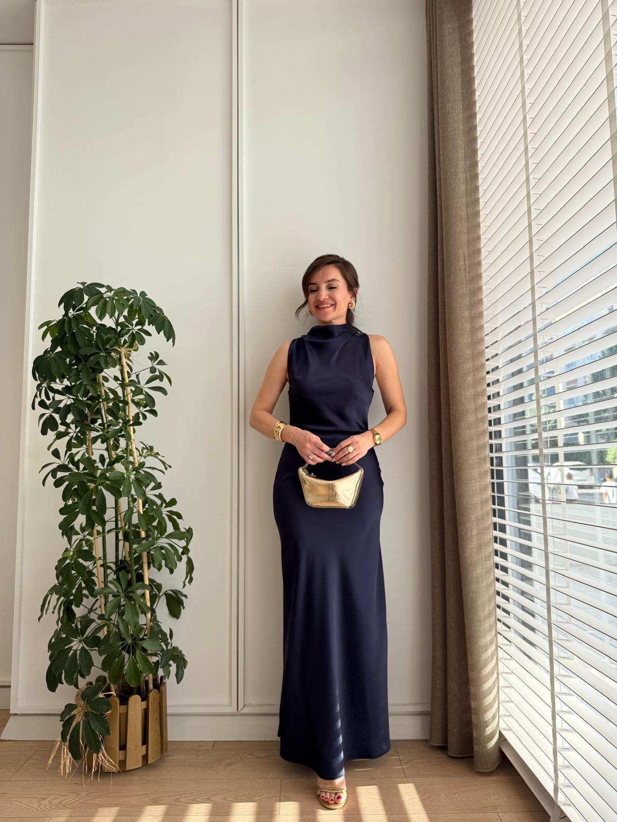 Lacivert Degaje Yaka Omuz Drapeli Saten Elbise 0557